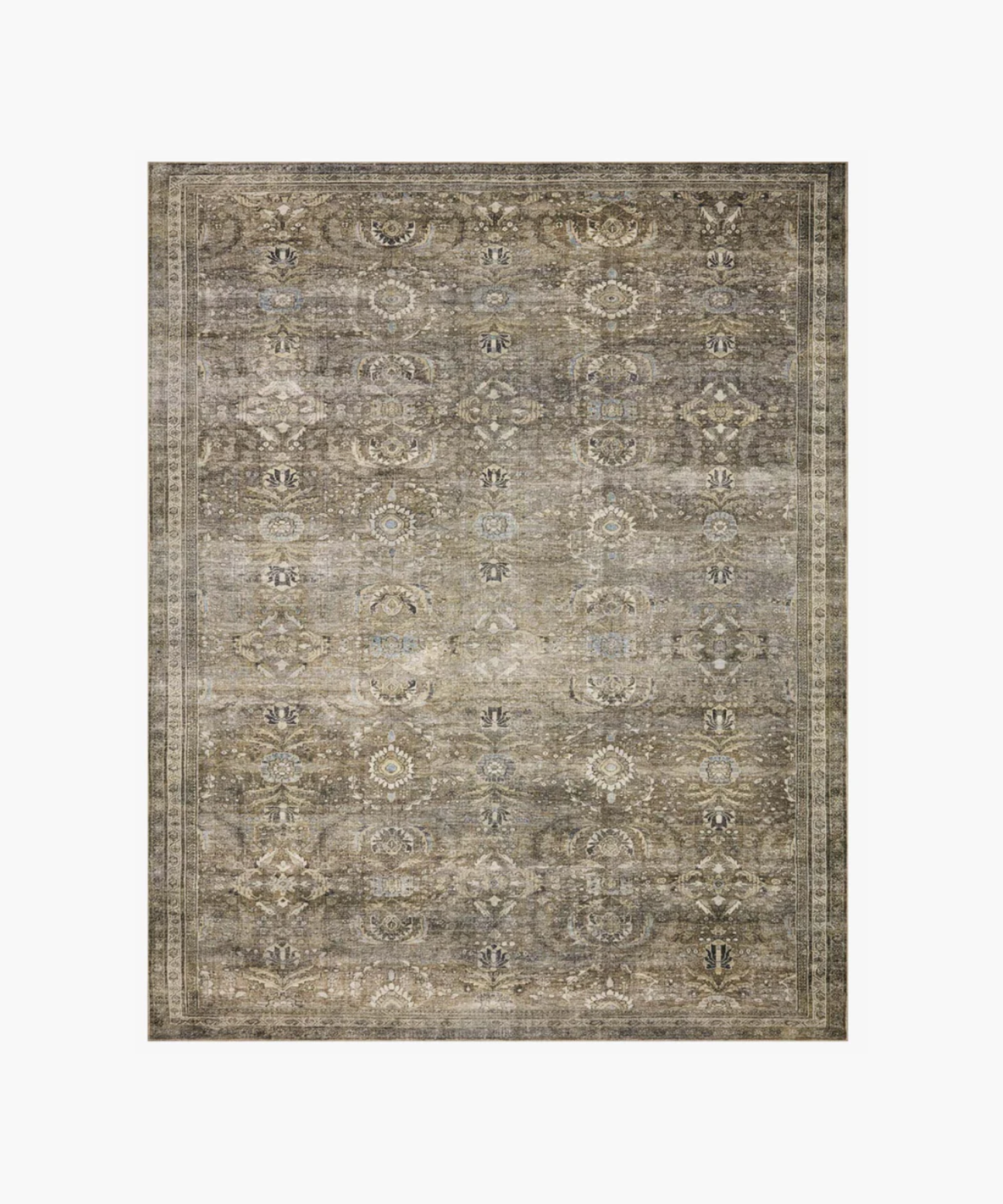 Elegant, vintage-style rug with a floral medallion pattern in muted browns and grays. The distressed texture adds an antique, rustic charm. | SW Home
