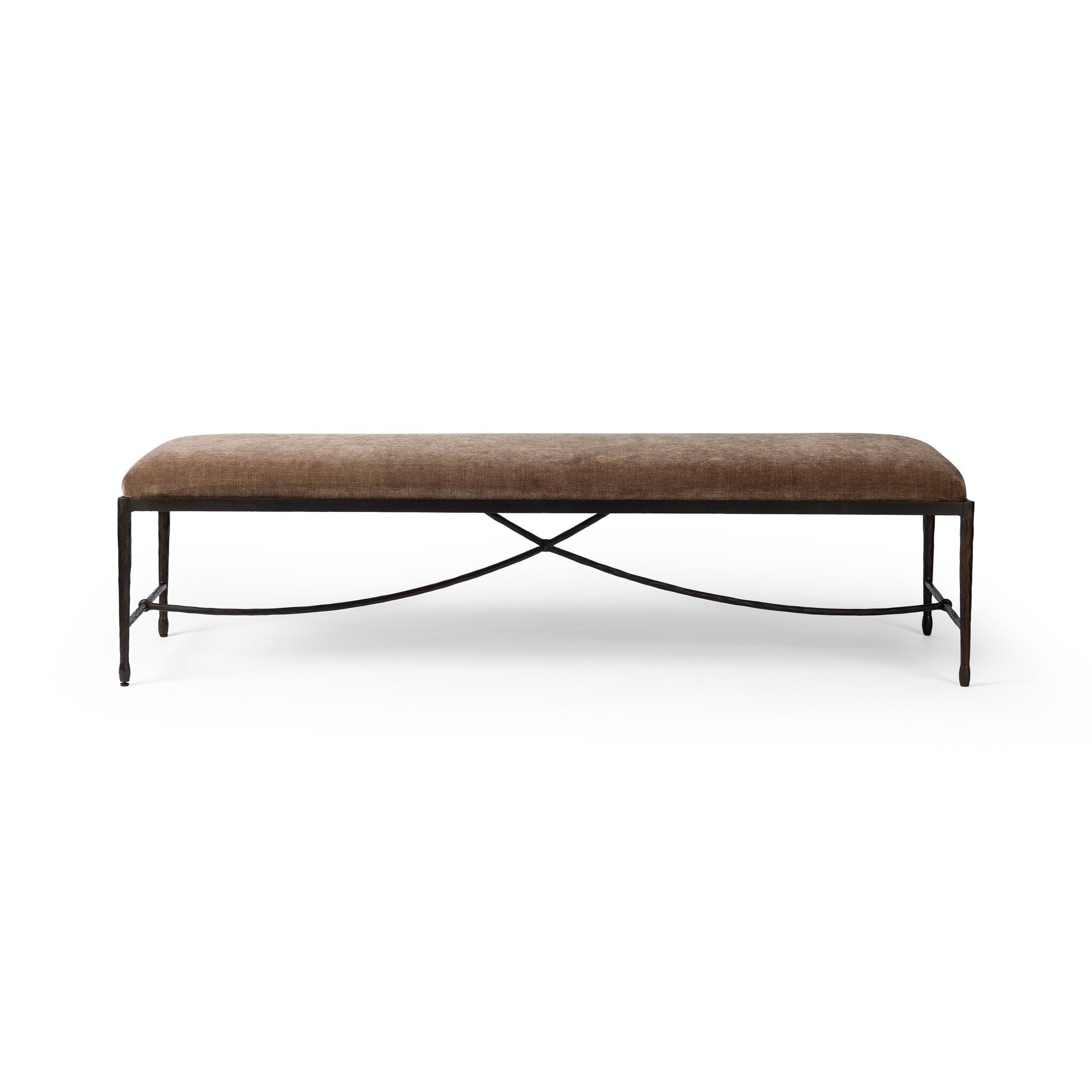 Brown upholstered bench with black metal frame on a white background. | S.W. Home
