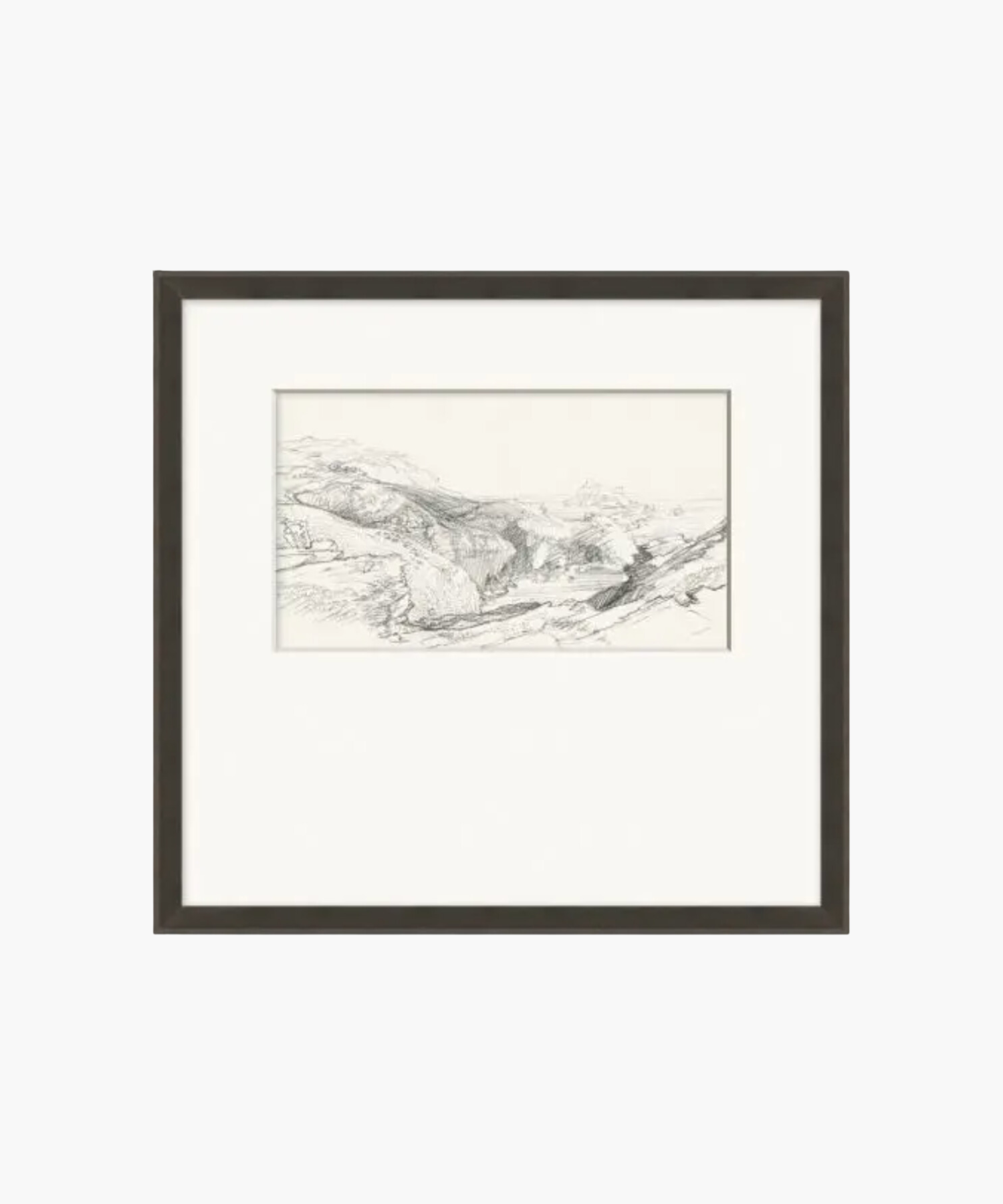 Framed black and white sketch of a mountainous landscape. The drawing features intricate lines and shading, conveying a serene, natural scene. | S.W. Home