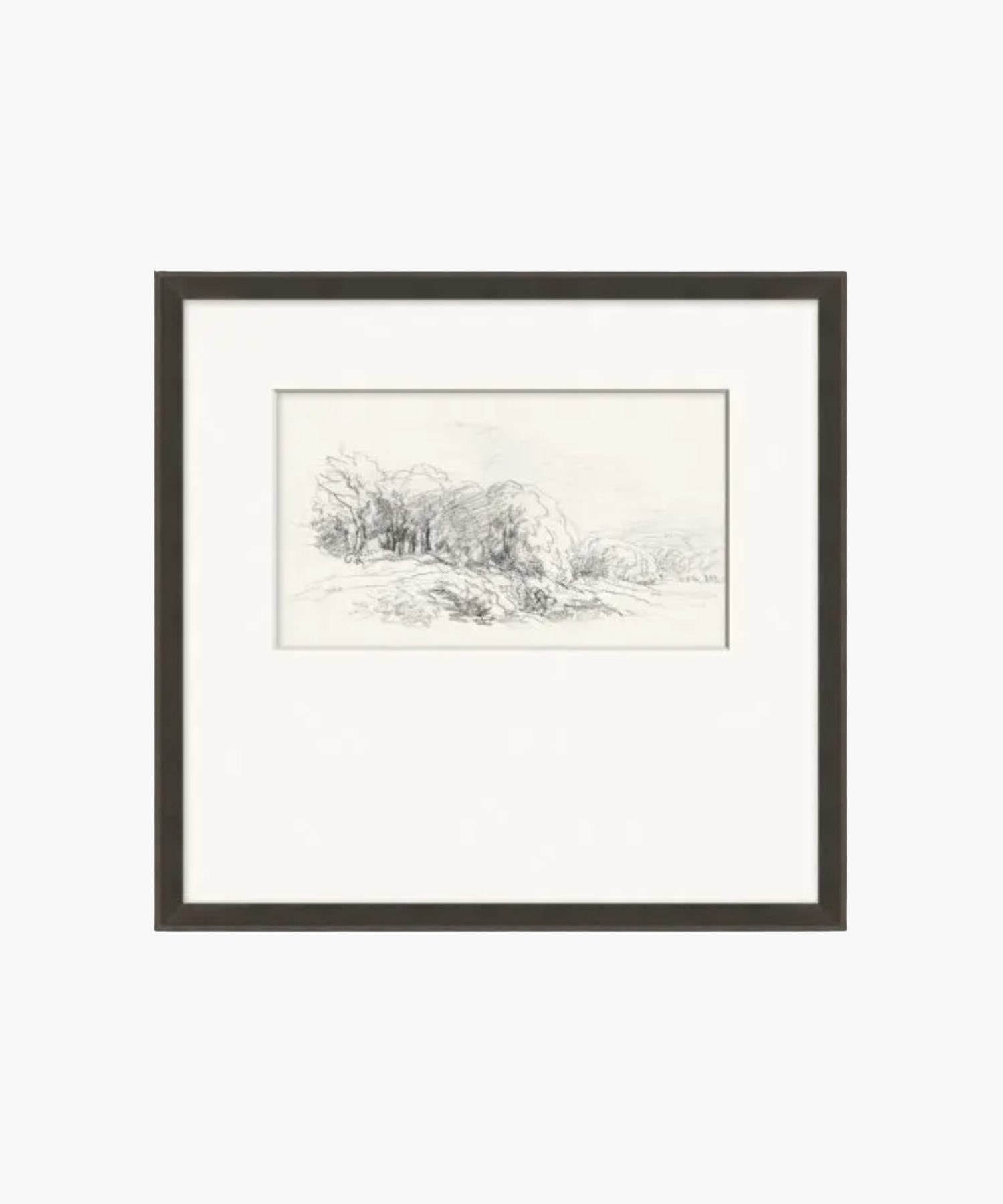 Framed pencil sketch of a serene landscape, featuring a cluster of trees and a gently sloping hill. The monochrome tones evoke a peaceful atmosphere. | S.W. Home