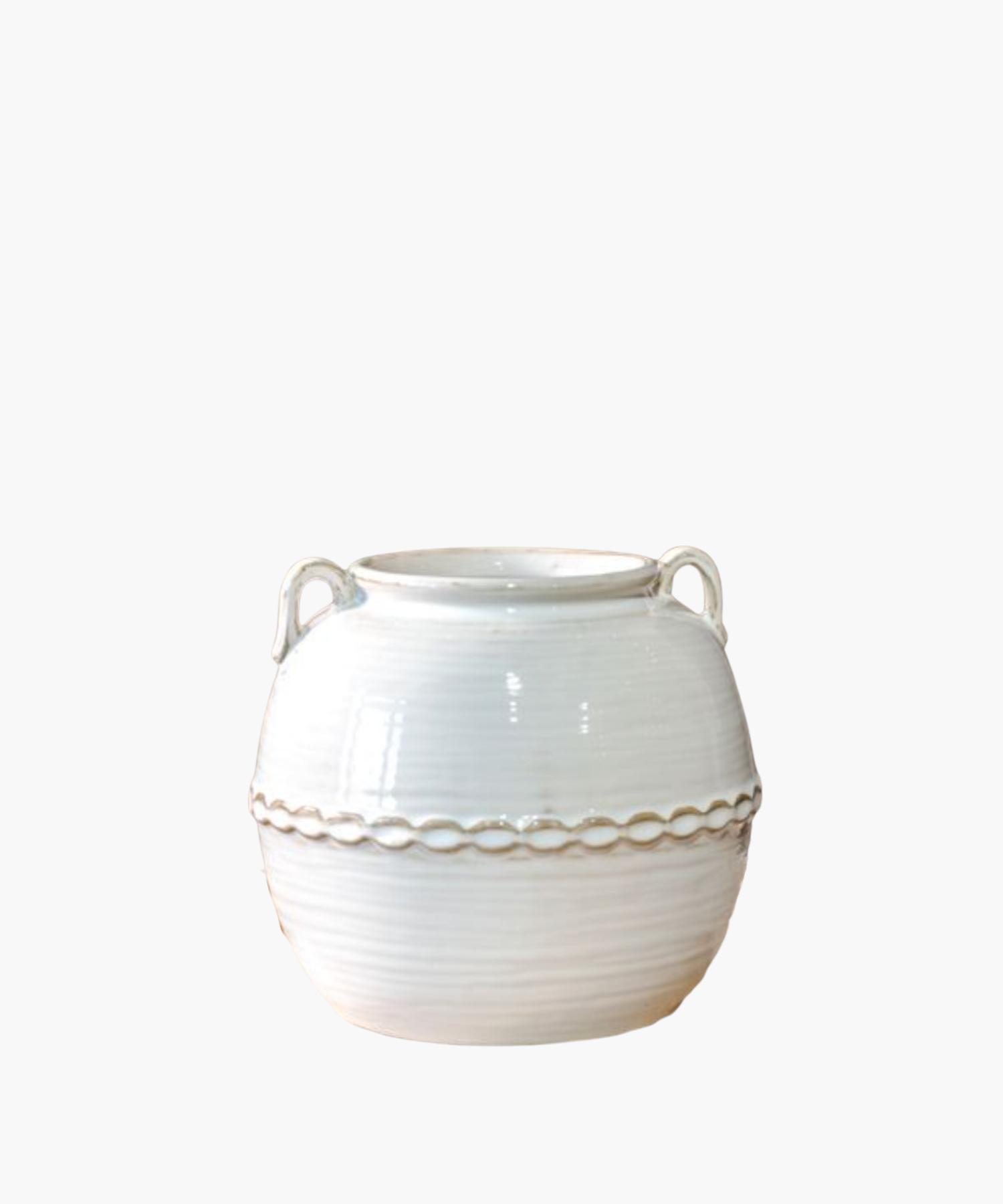 A white ceramic Leena Vessel with dainty handles and a decorative belly band detail. | S.W. Home
