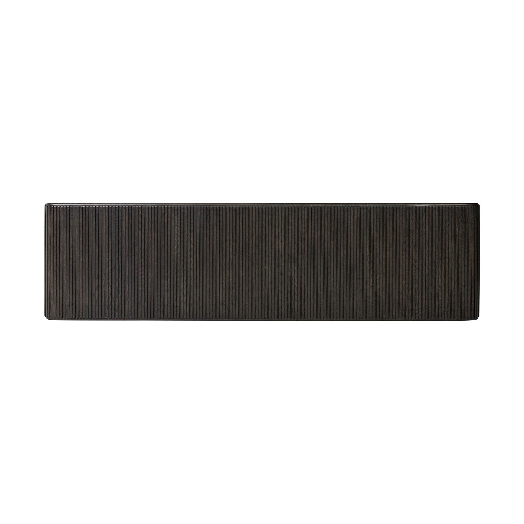 Overhead view of a smoked black oak console table with reeding and rounded edges on a white background.
