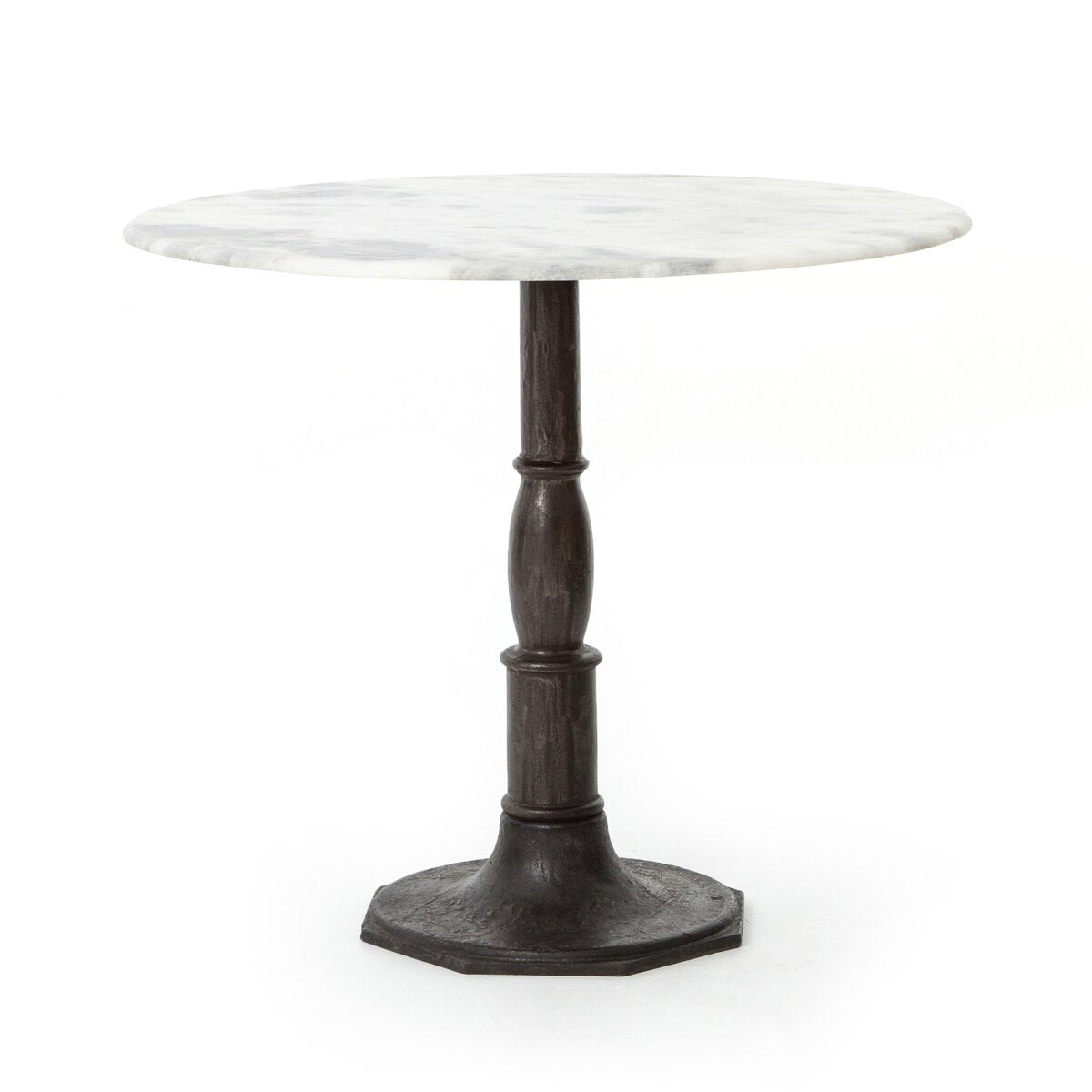 Round bistro table with marble top and dark iron base on a white background. | S.W. Home 