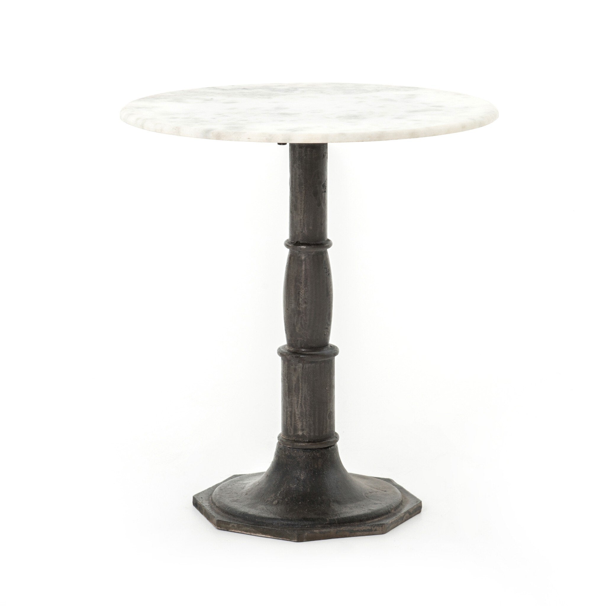 Small round side table with marble top and distressed iron base on a white background. | SW Home