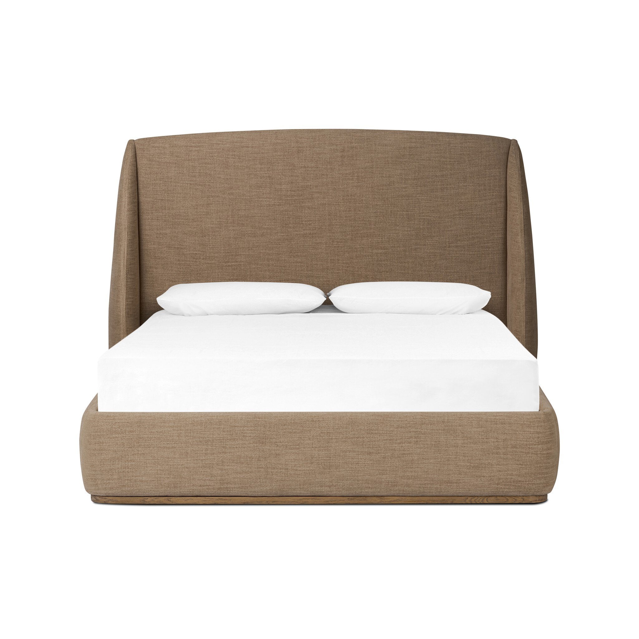 Taupe upholstered bed with white bedding on a white background. | SW Home