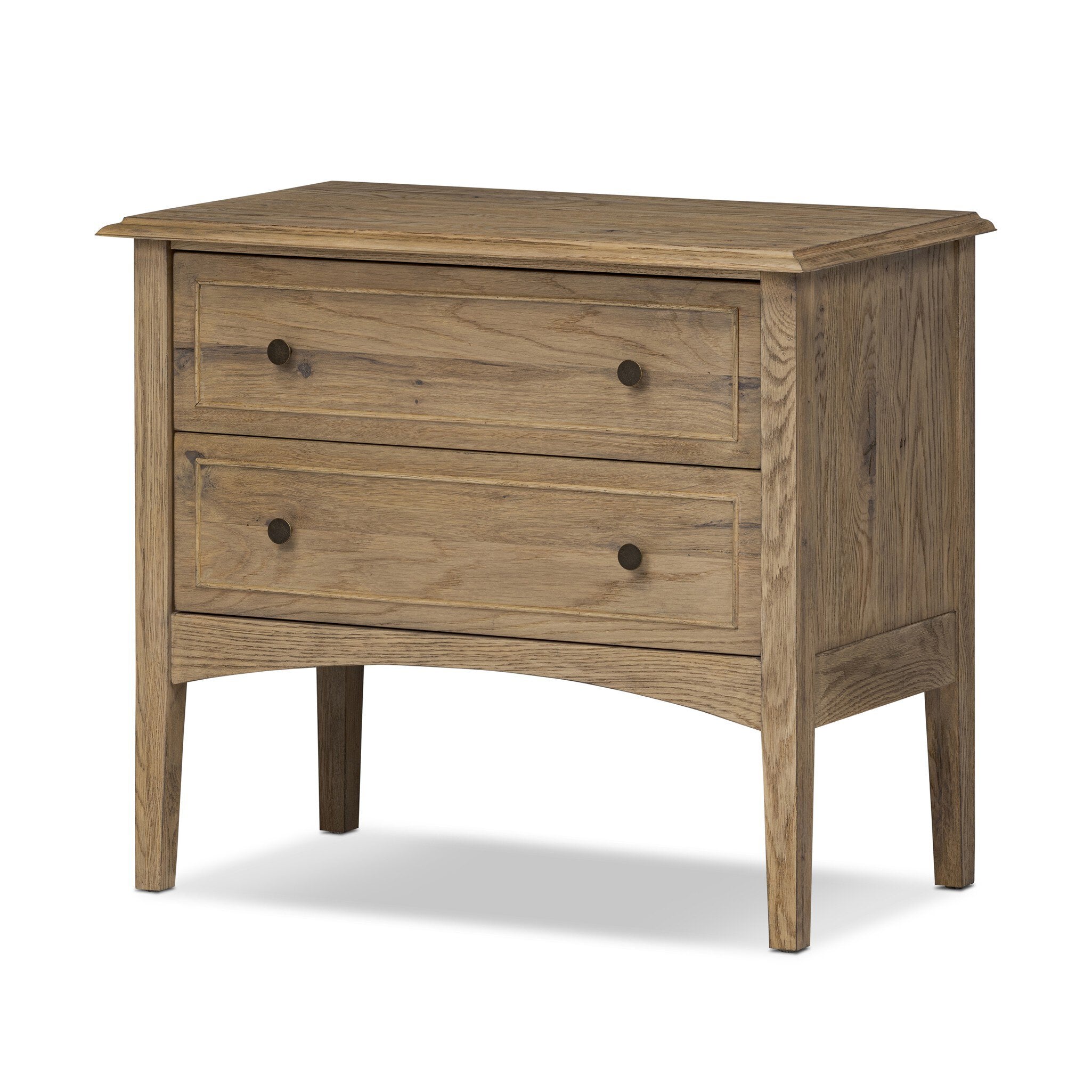 Wooden nightstand with two drawers on a white background.