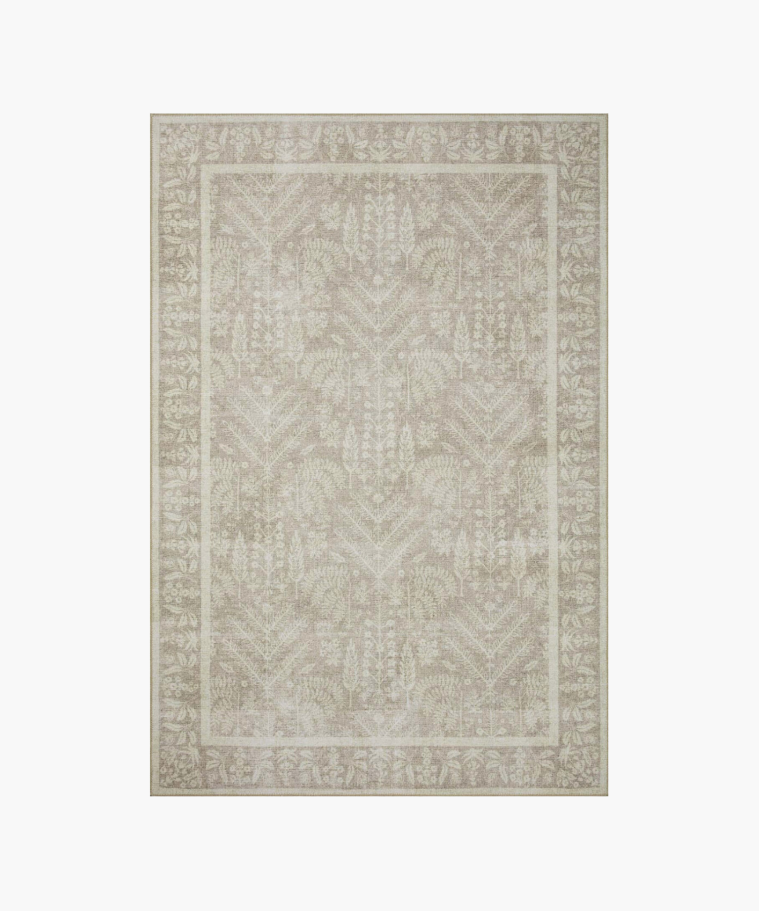 A beige area rug with an intricate floral and leaf pattern bordered by a thicker floral edge. The design is symmetrical and elegant, adding a soft, classic touch. | SW Home