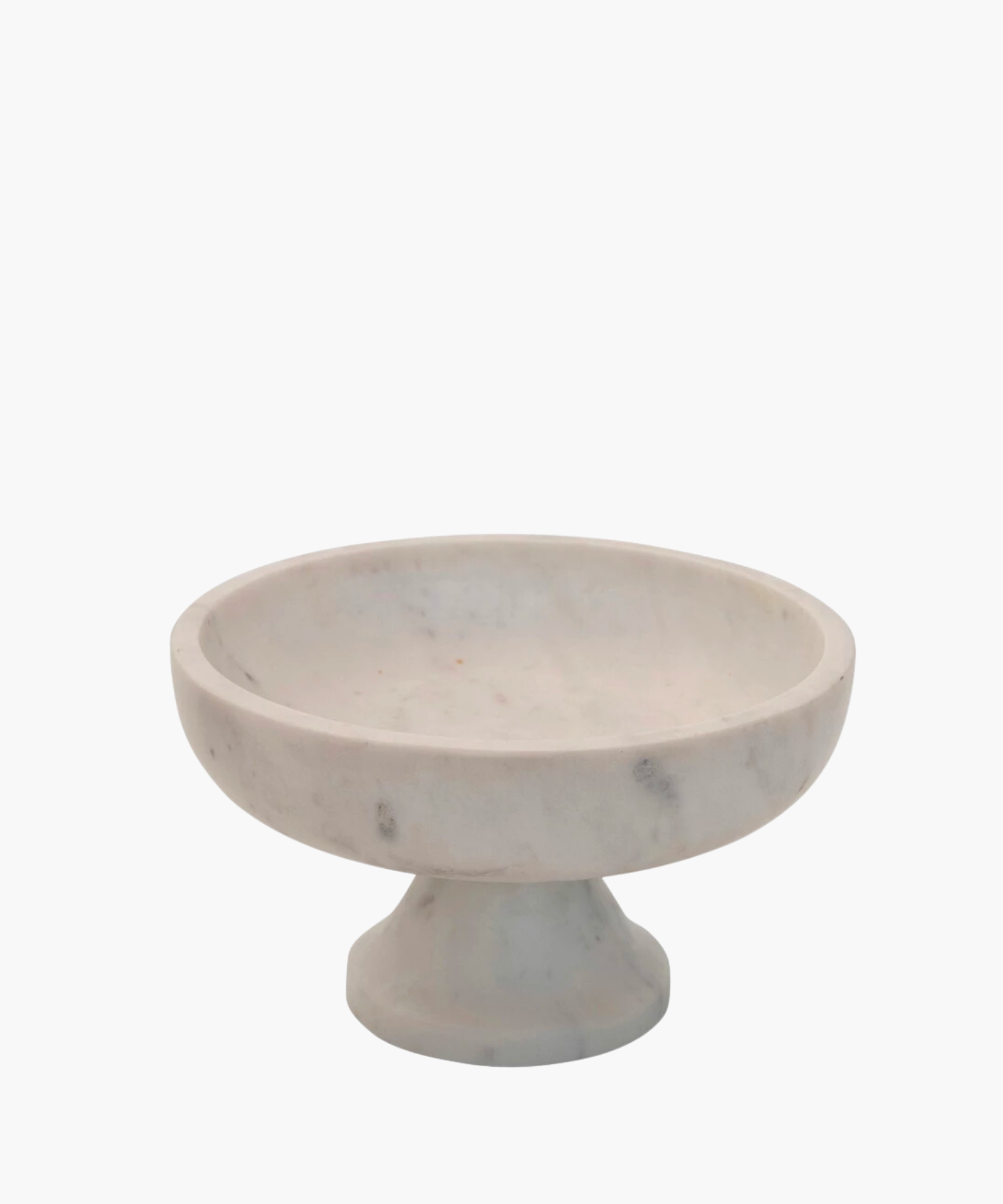 A round, white marble pedestal bowl with a smooth surface and subtle gray veining. The elegant, minimalist design conveys a modern, sophisticated tone. | S.W. Home