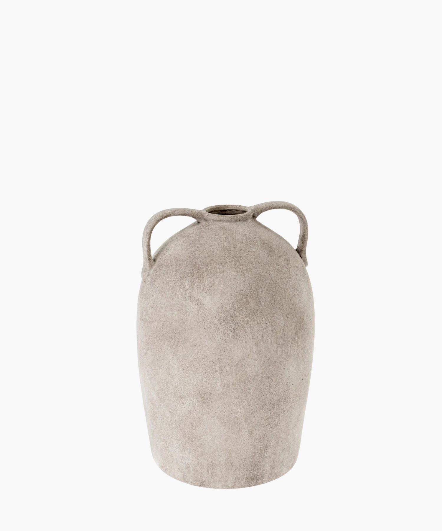A textured, stoneware ceramic urn with an aged finish and two small handles on each side. The vase has a rustic, minimalist design. | S.W. Home