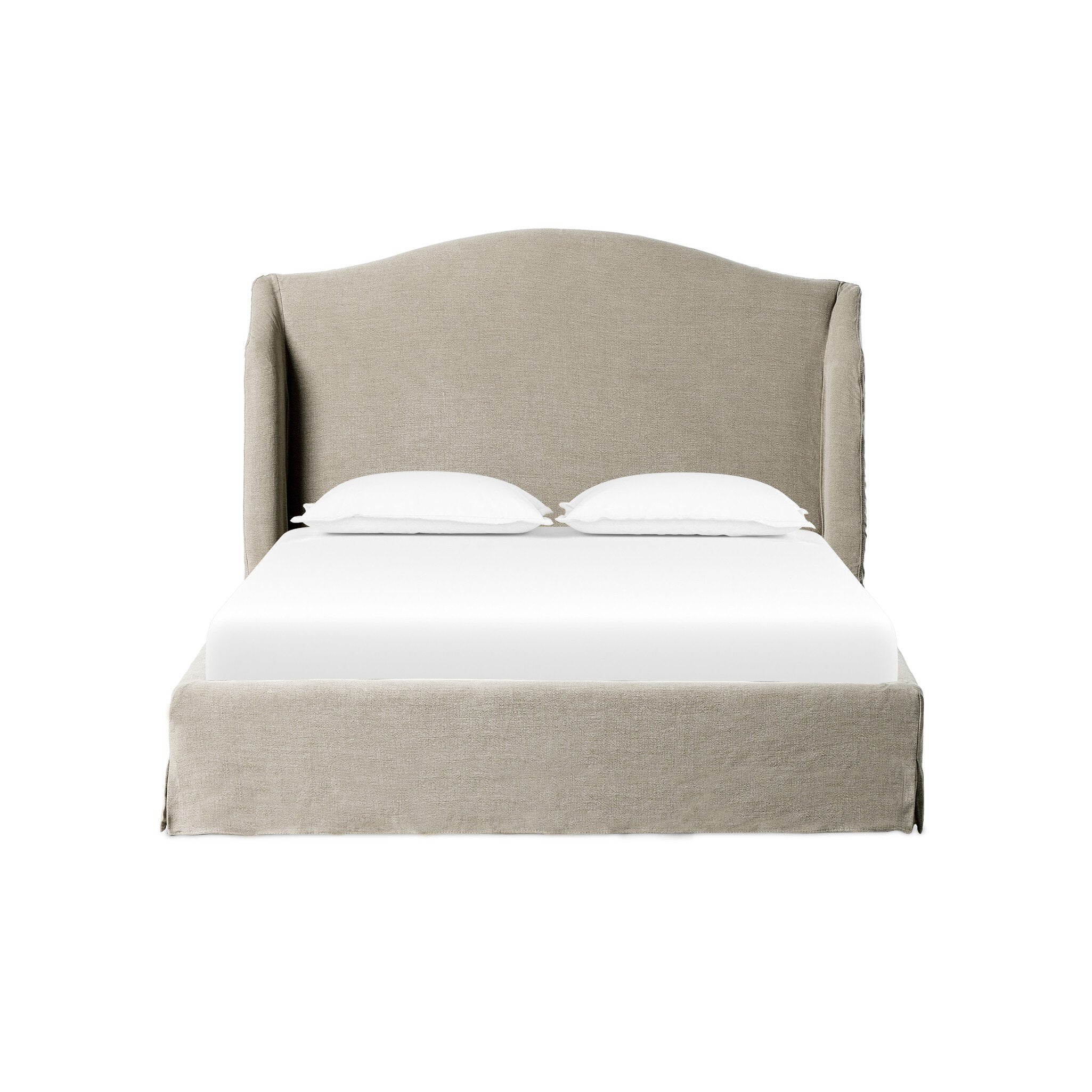 Beige upholstered bed with white bedding on a white background. | SW Home