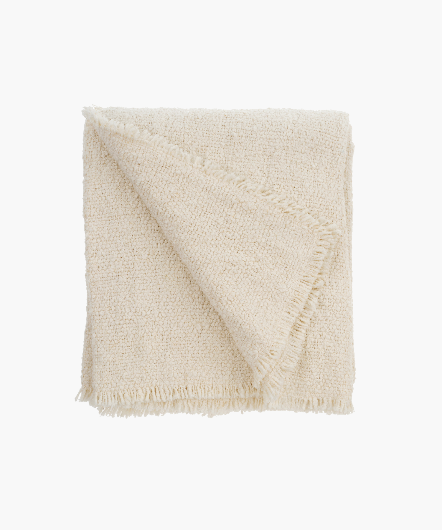 Folded view of the Mia Throw Blanket, featuring a soft boucle texture and fringed edges in a neutral cream tone. | SW Home