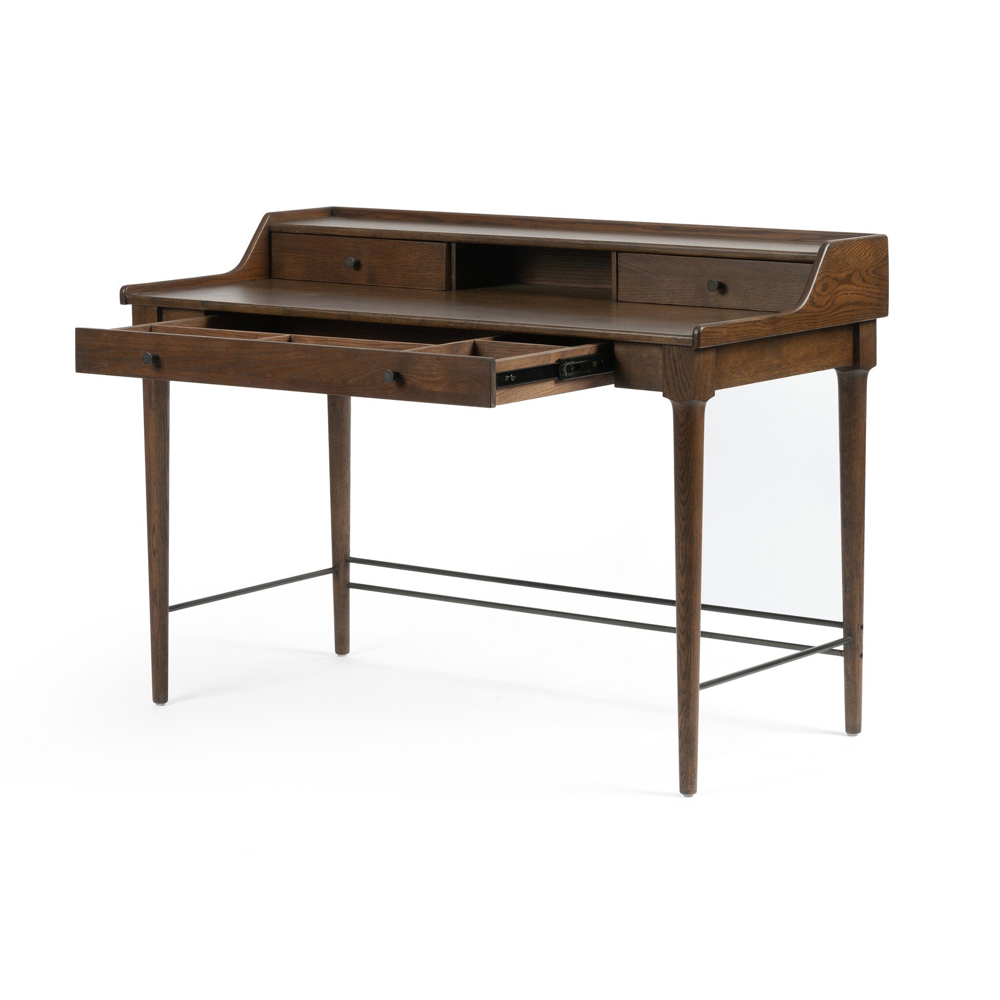Wooden desk with drawers on a white background.