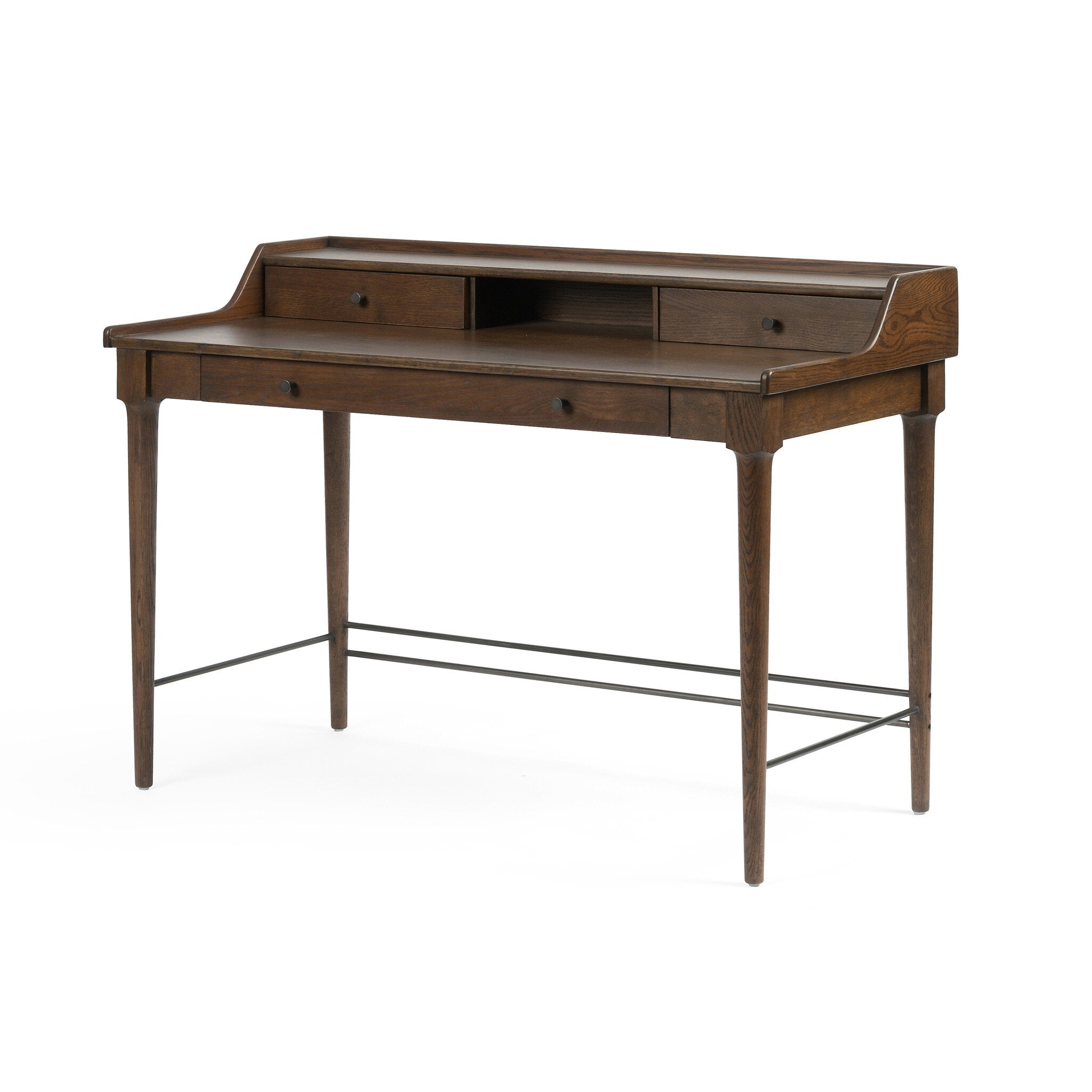 Wooden desk with drawers on a white background.