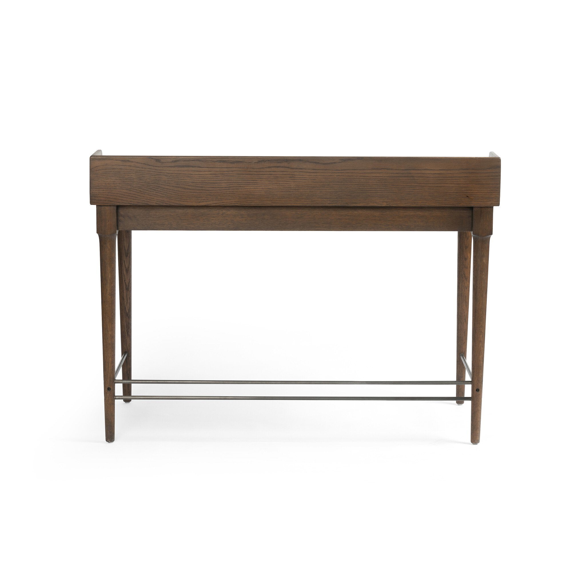 The back of a wooden desk with drawers on a white background.