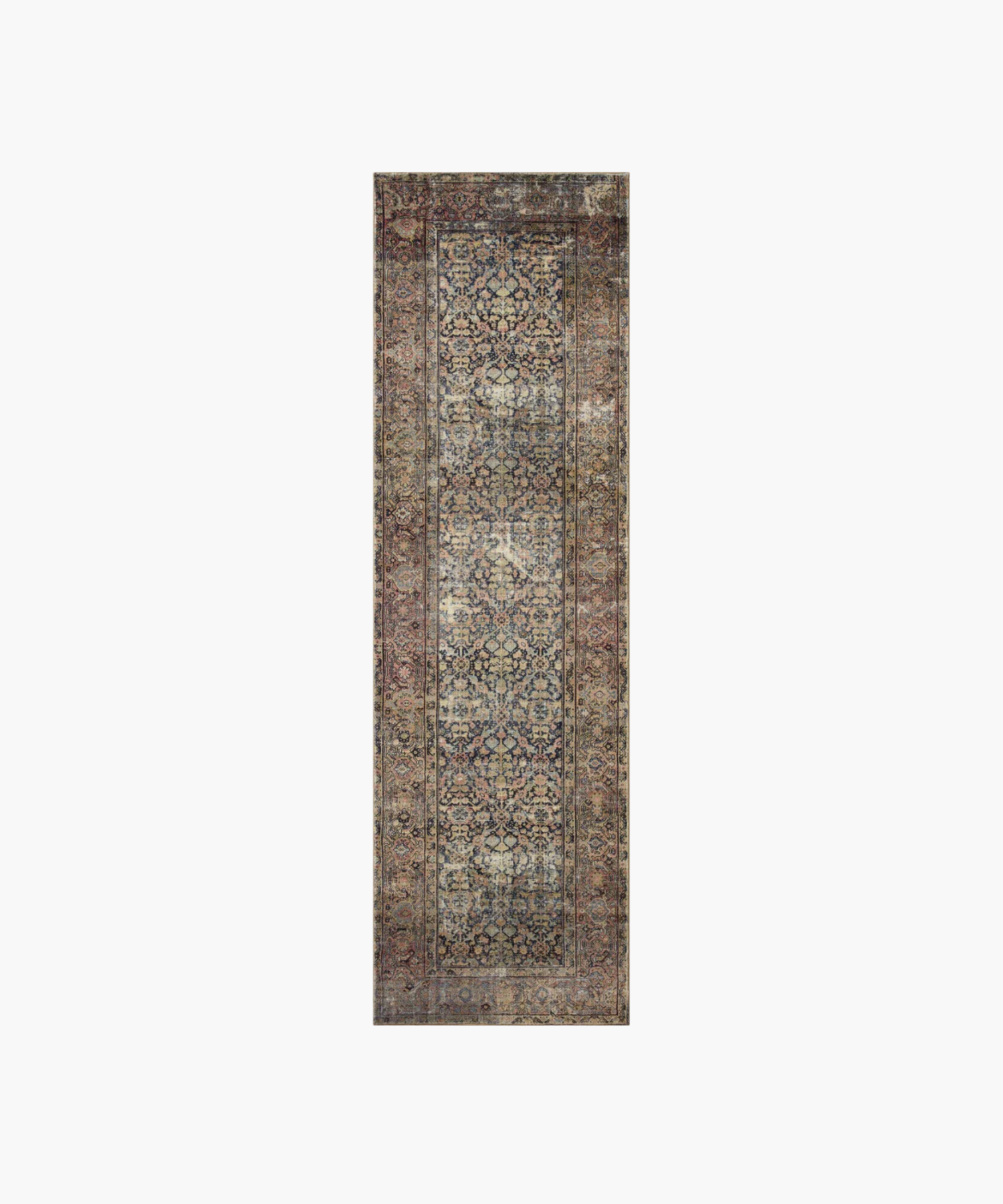 A vintage inspired runner with intricate floral and geometric patterns in muted blues, reds, and browns. It exudes a sense of classic elegance and warmth.
