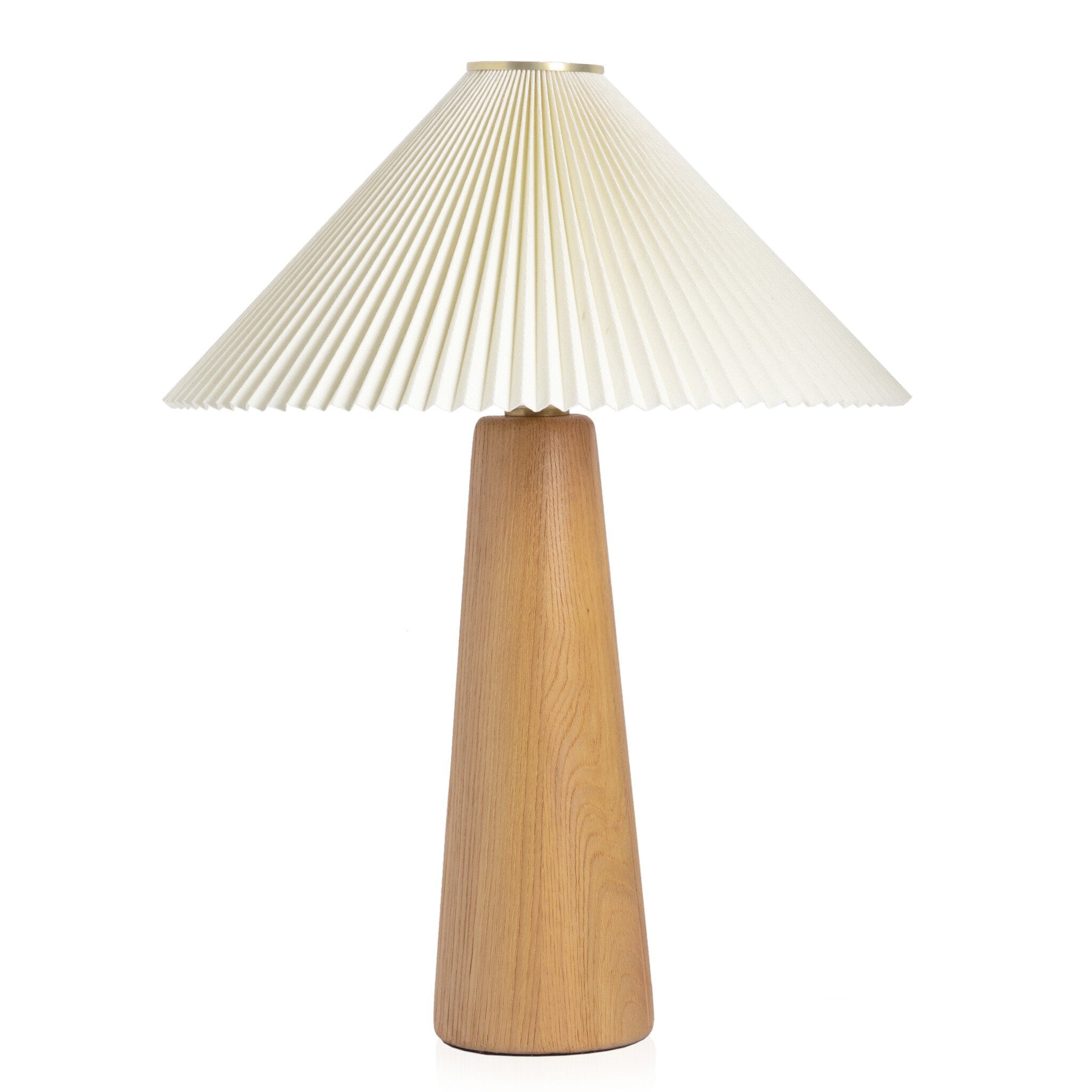Table lamp with pleated white shade and wooden base on a white background. | S.W. Home
