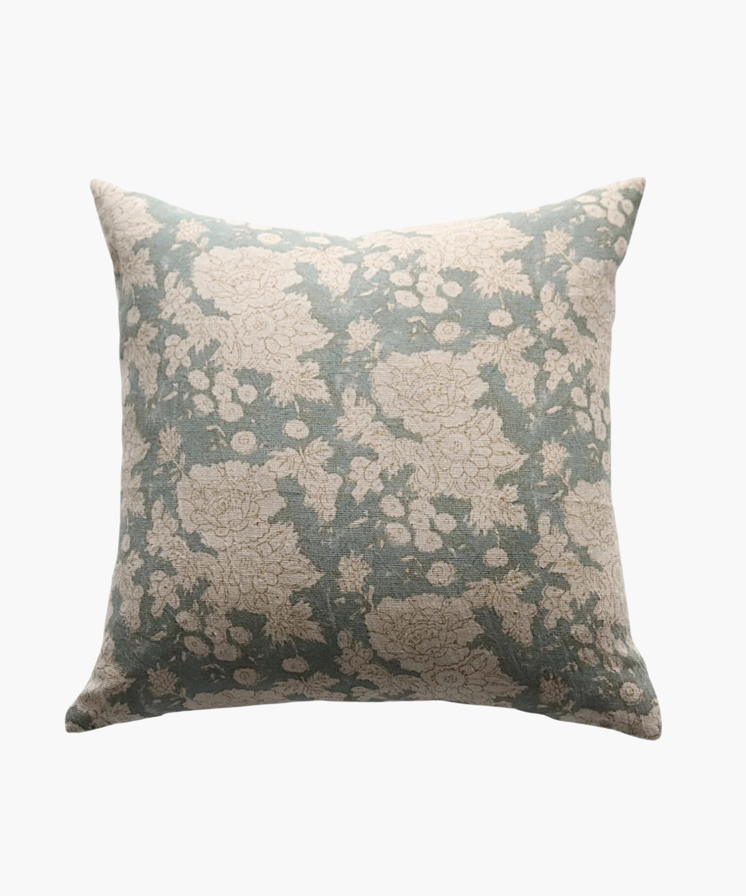A square pillow with a vintage floral pattern featuring beige flowers on a muted teal background. The design exudes a calm and classic feel. | Wildwood Home Co.
