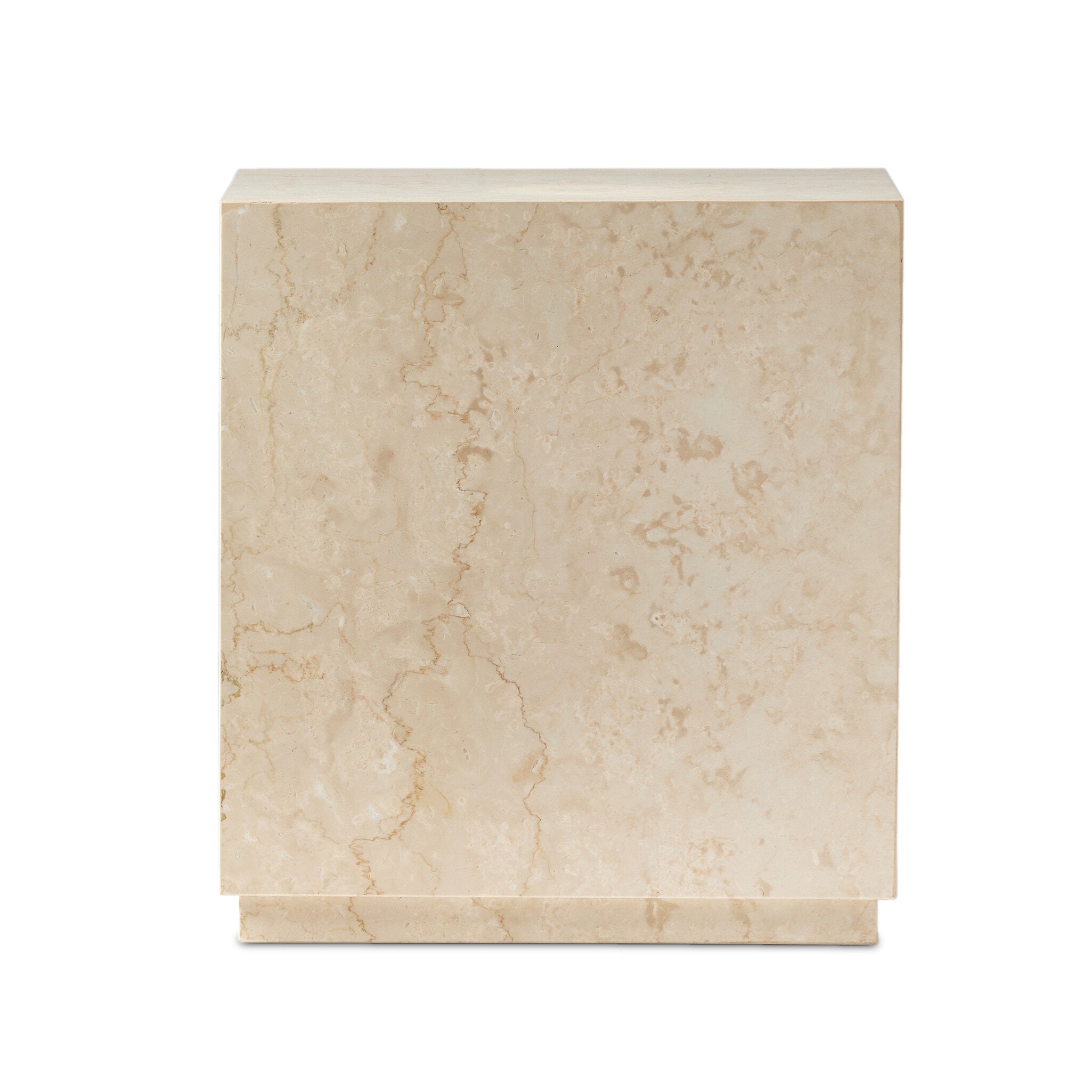 Square beige marble end table with a plinth base on a white background. | S.W. Home