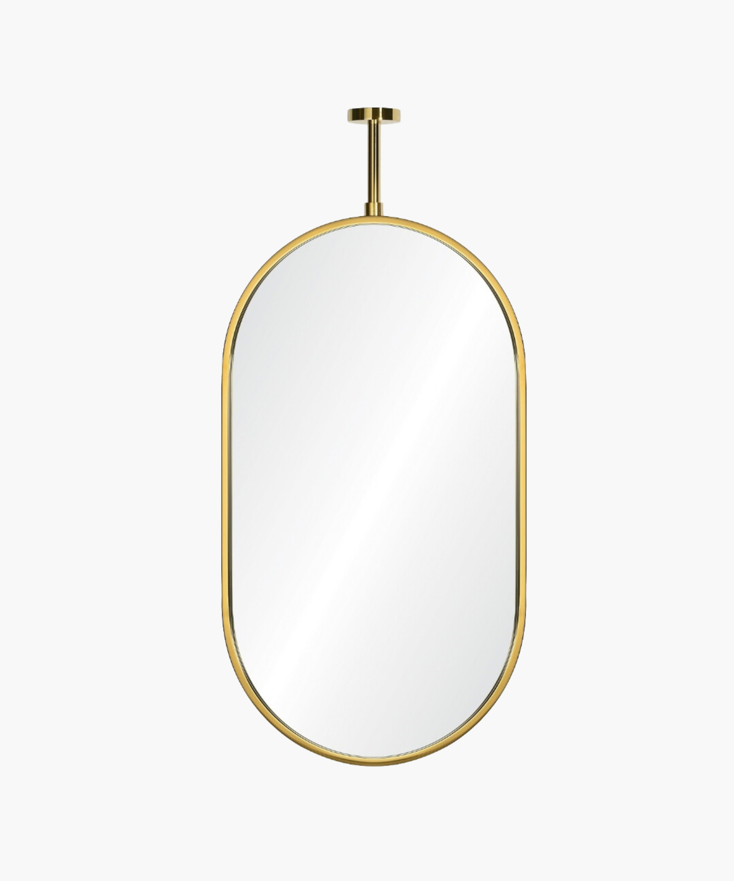 Oval-shaped wall mirror with a stainless steel frame and a burnished brass finish, hanging from a ceiling mount. | Wildwood Home Co.