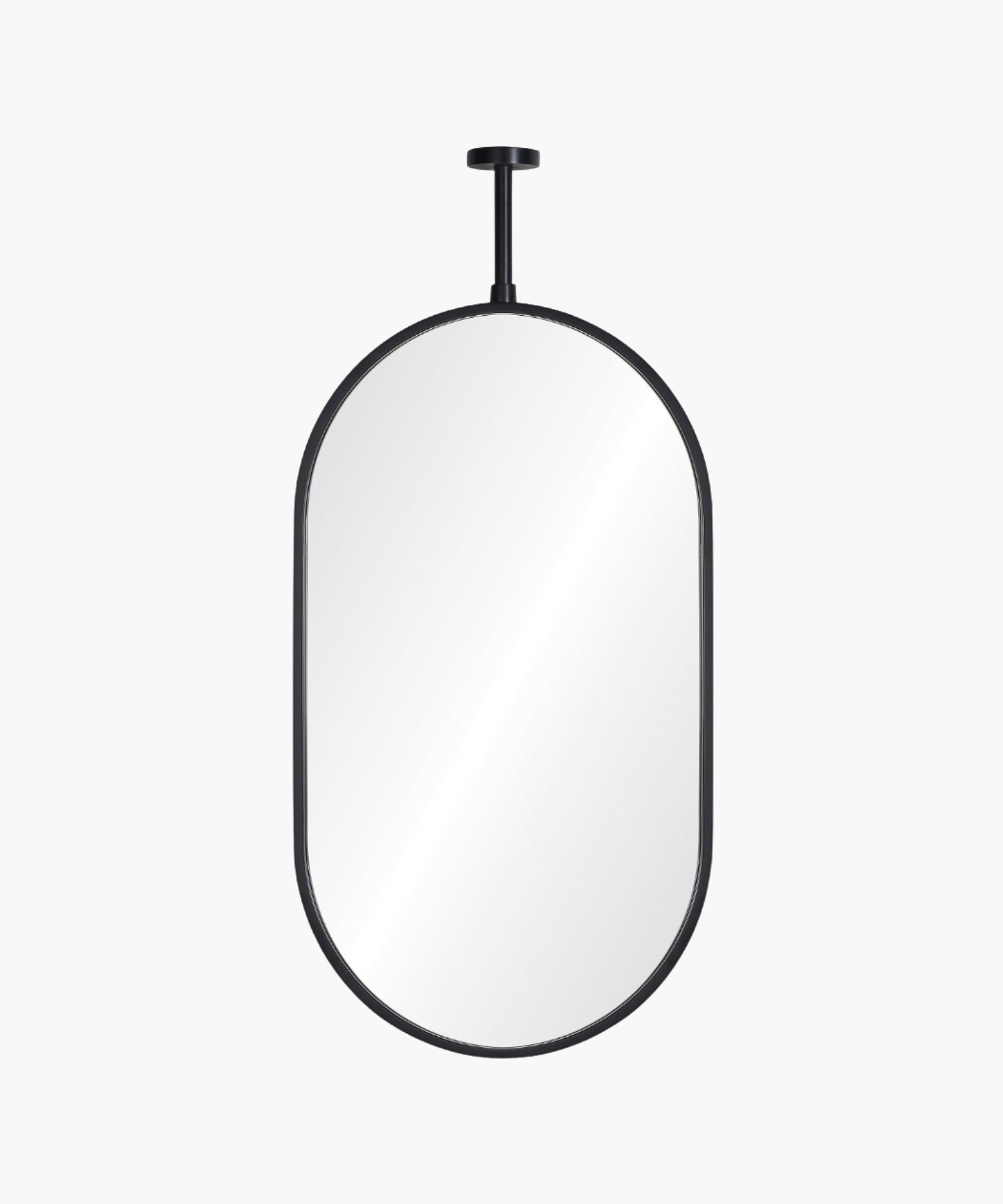 Oval-shaped wall mirror with a stainless steel frame and a black nickel finish, hanging from a ceiling mount.