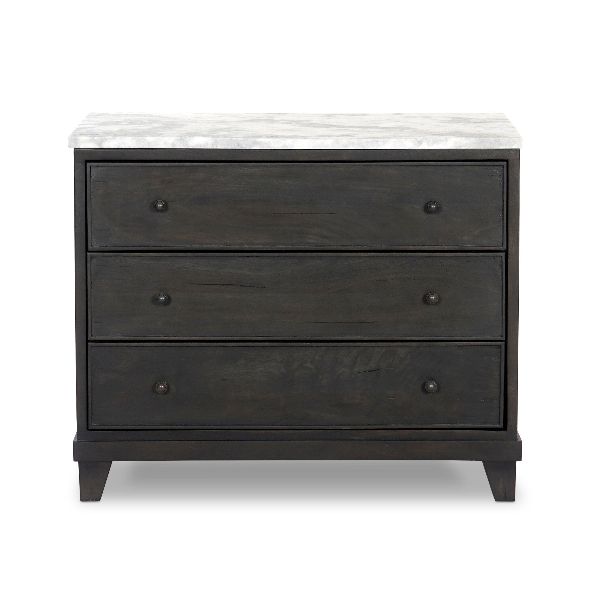 Dark wood stained nightstand with three drawers and a marble top. | S.W. Home