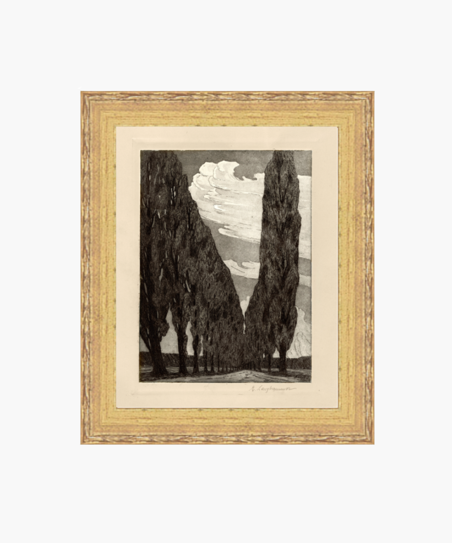Framed black and white landscape print depicting tall, dense trees lining a pathway under a dramatic sky with swirling clouds. Distressed antique gold frame. | S.W. Home