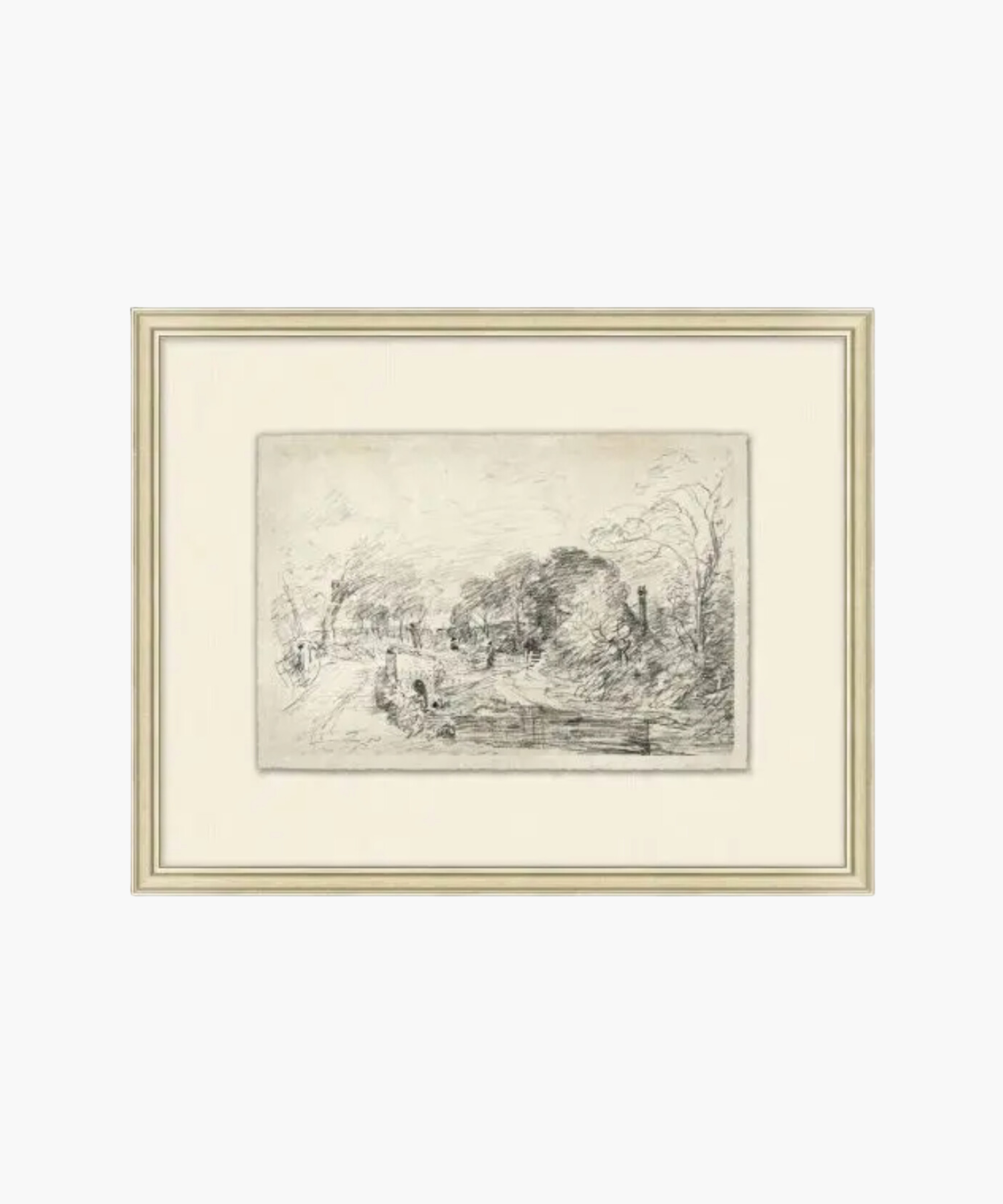 A framed pencil sketch of a serene countryside scene features a bridge over a stream, surrounded by trees and small groups of people. The tone is tranquil. | S.W. Home