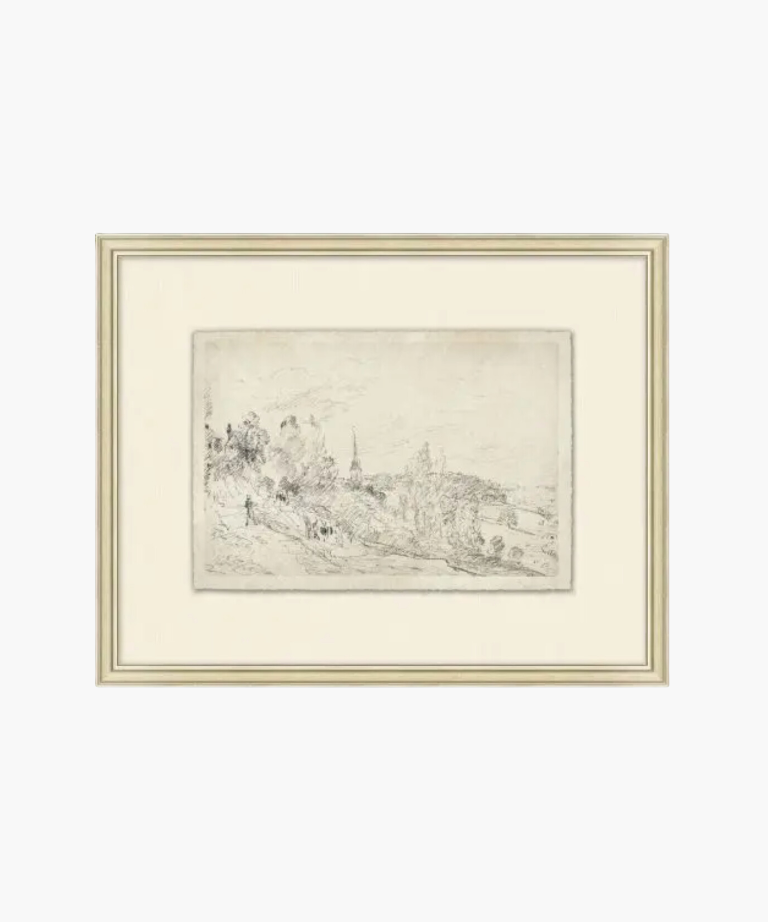 Framed sketch depicts a pastoral landscape with trees, hills, and a distant church steeple. The scene is serene and drawn in soft, subtle lines. | S.W. Home