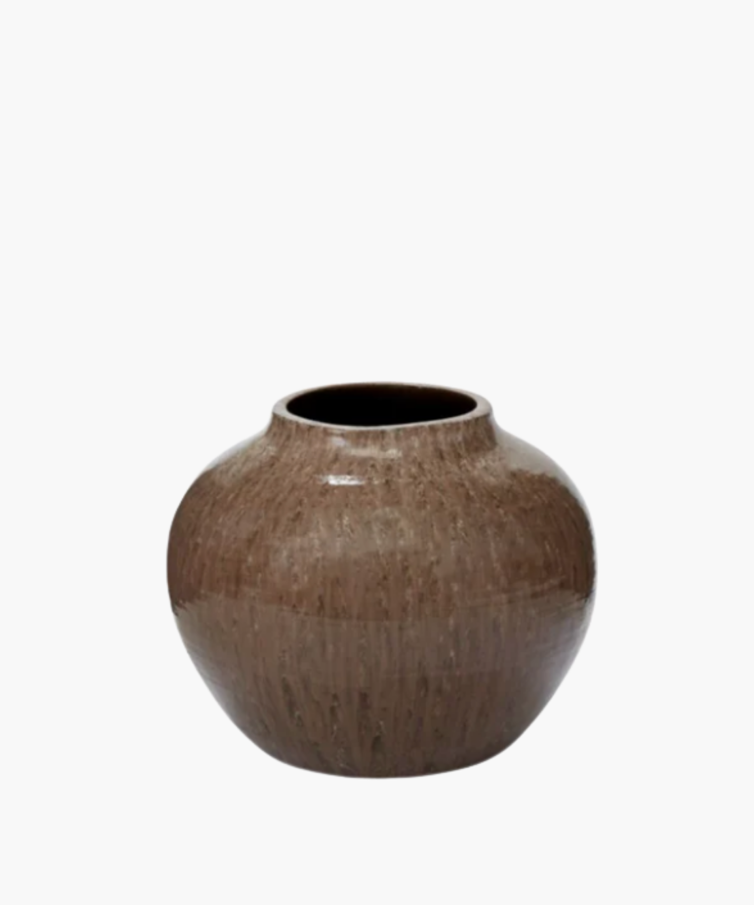 Brown ceramic vase with a glossy finish and a round, wide body. Vertical ridges create texture, adding a rustic and elegant appearance. | S.W. Home