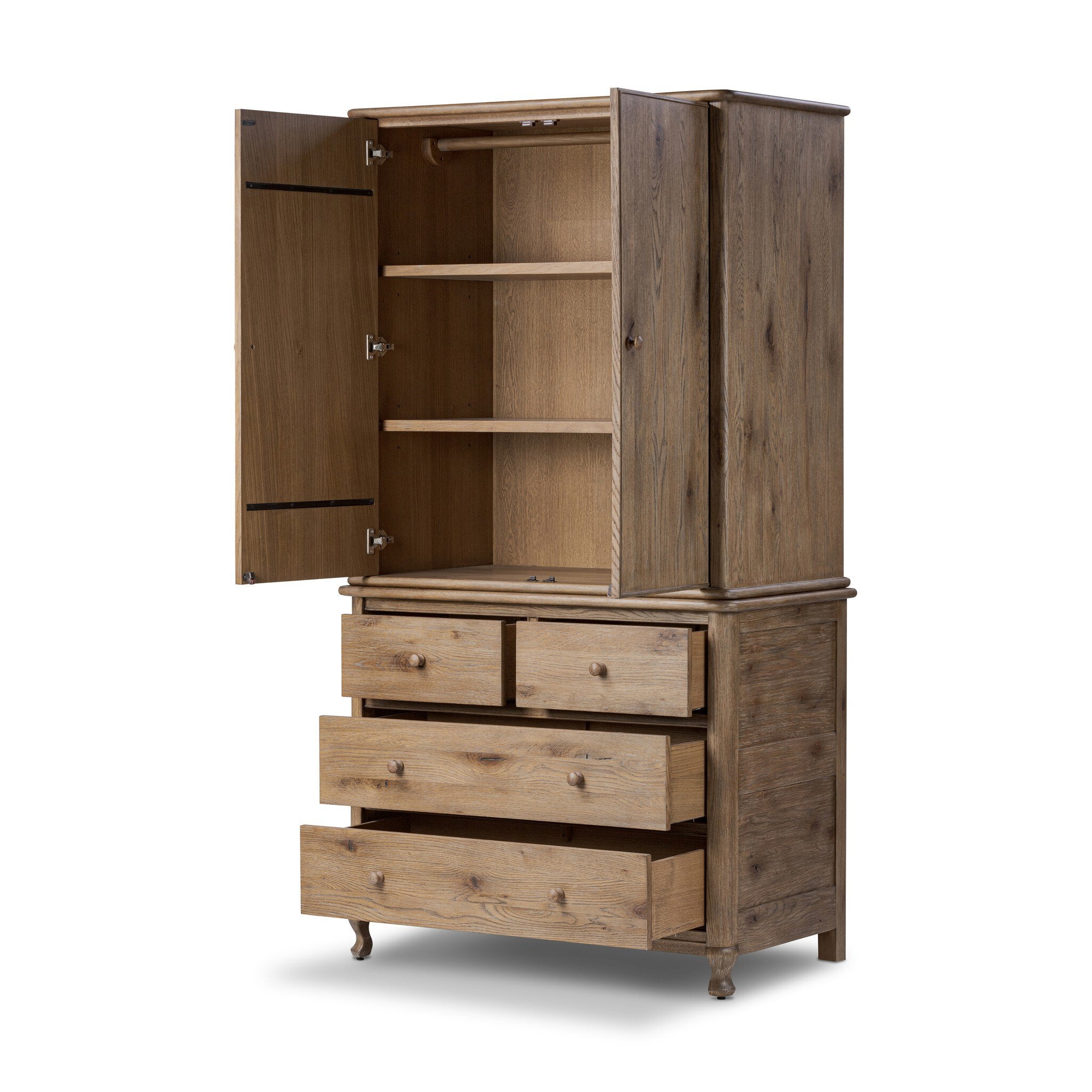 Wooden armoire with open doors on a white background.