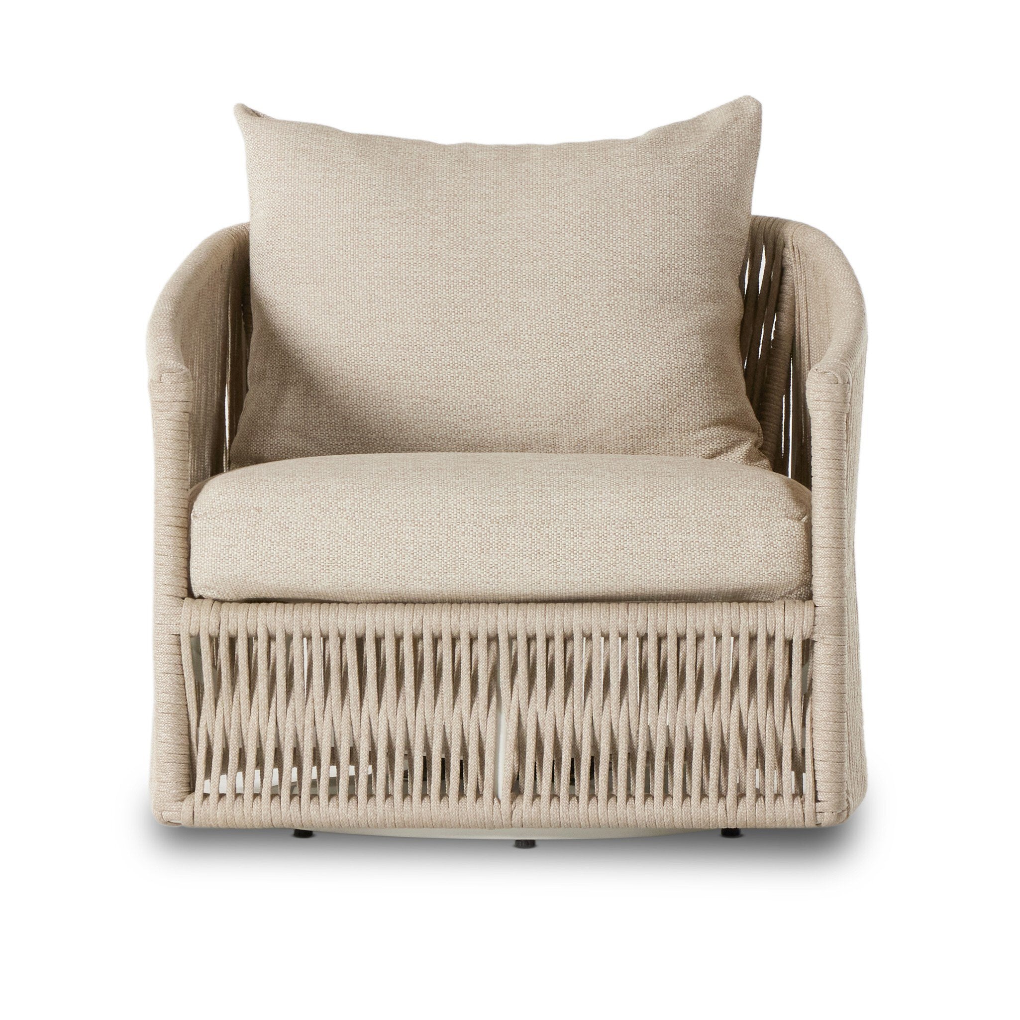 A rope based-designed swivel chair in a sand color with a wide cushion and throw pillow on a white background.  | S.W. Home