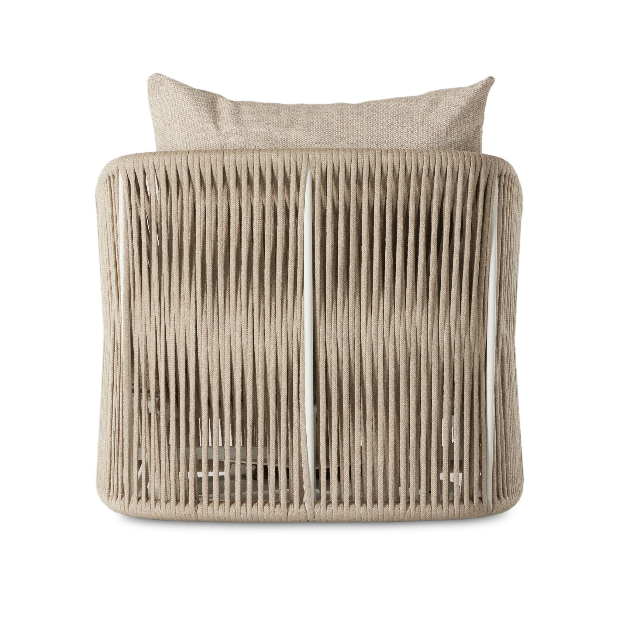 The back of a rope based-designed swivel chair in a sand color with a wide cushion and throw pillow on a white background. 