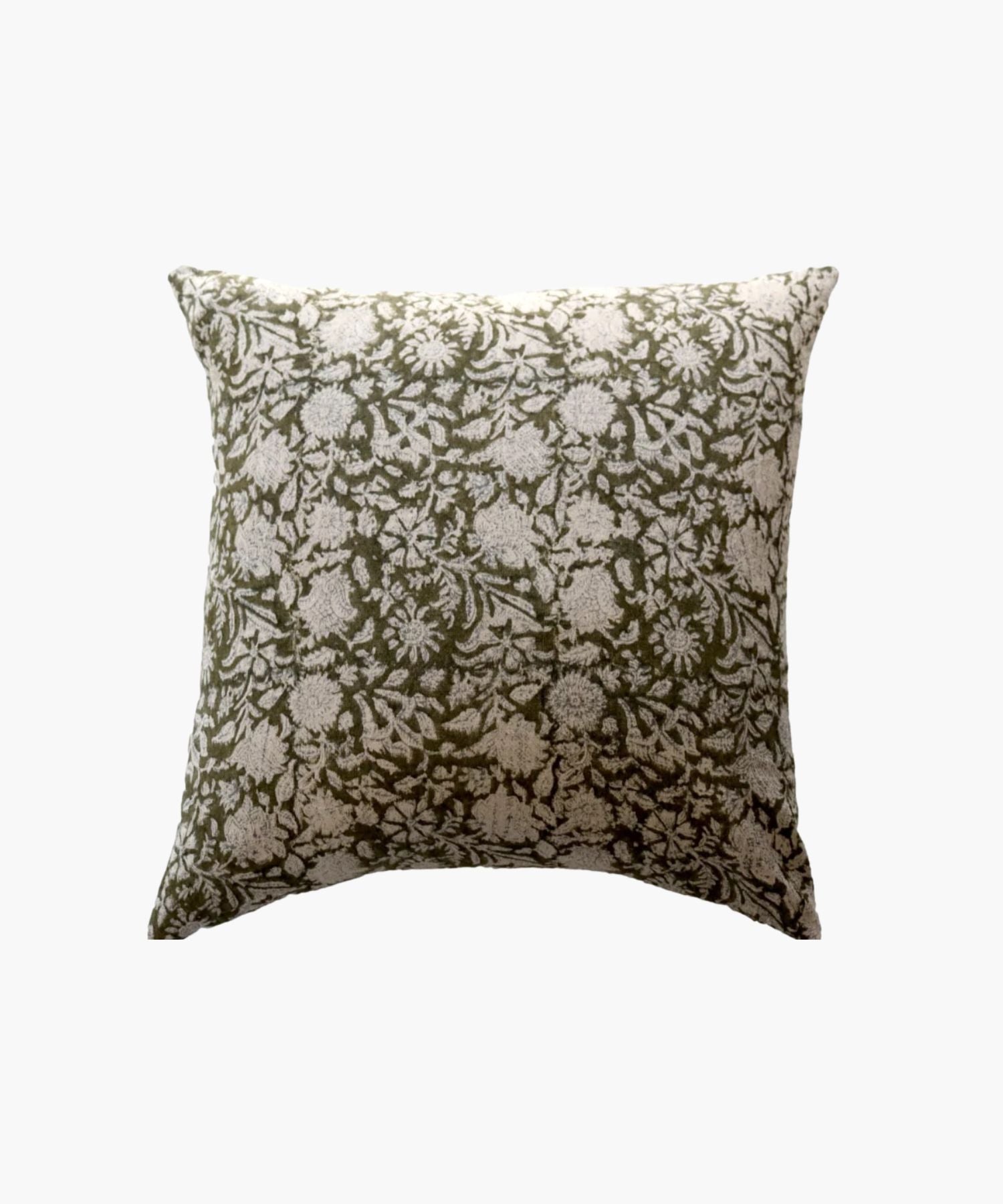 A square pillow cover with an intricate floral pattern in white on an olive green background. The design conveys a natural and elegant feel. | S.W. Home
