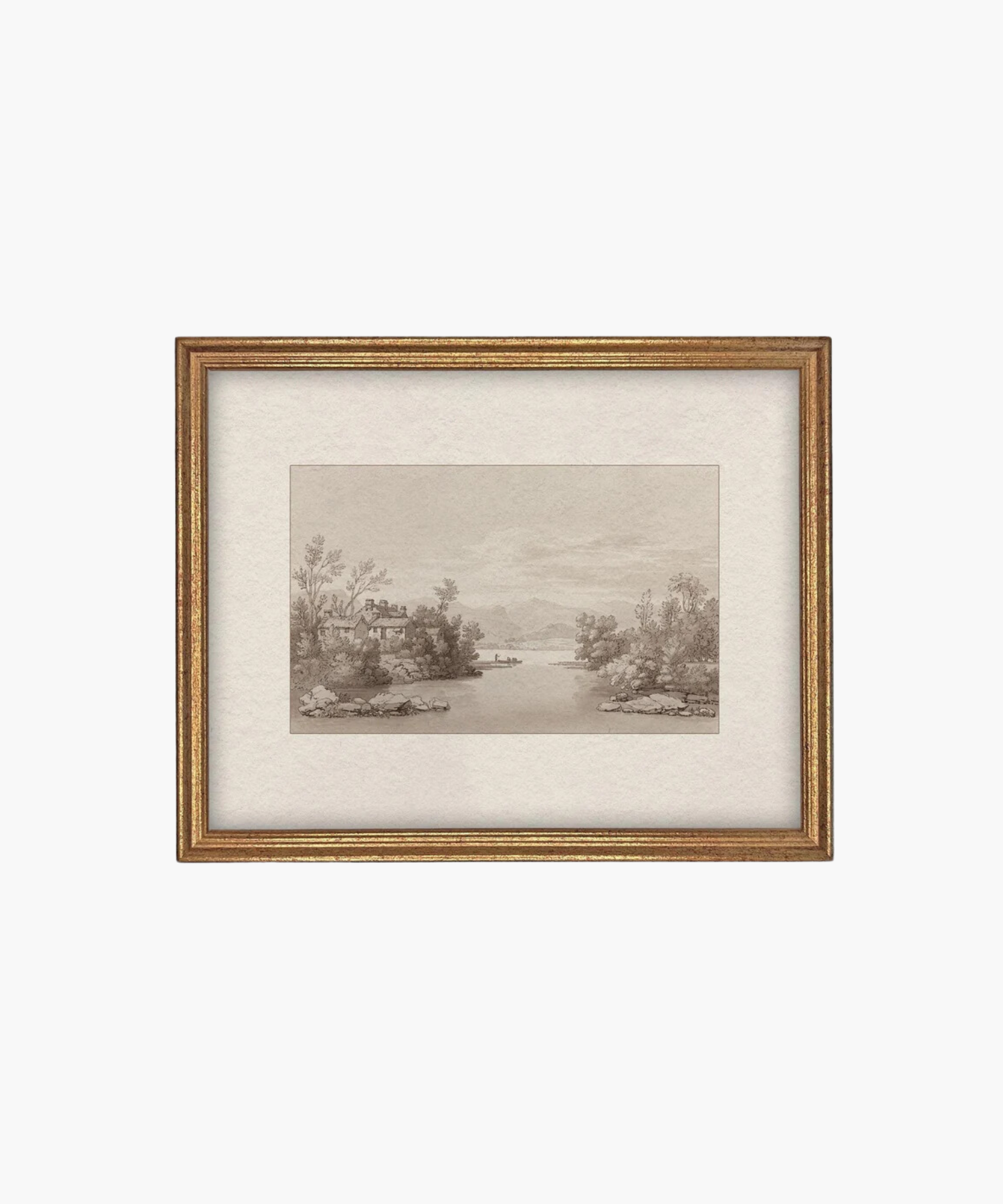 Sepia-toned landscape painting in a gold frame depicting a serene river, lush trees, distant hills, and a small cottage, conveying tranquility. | SW Home