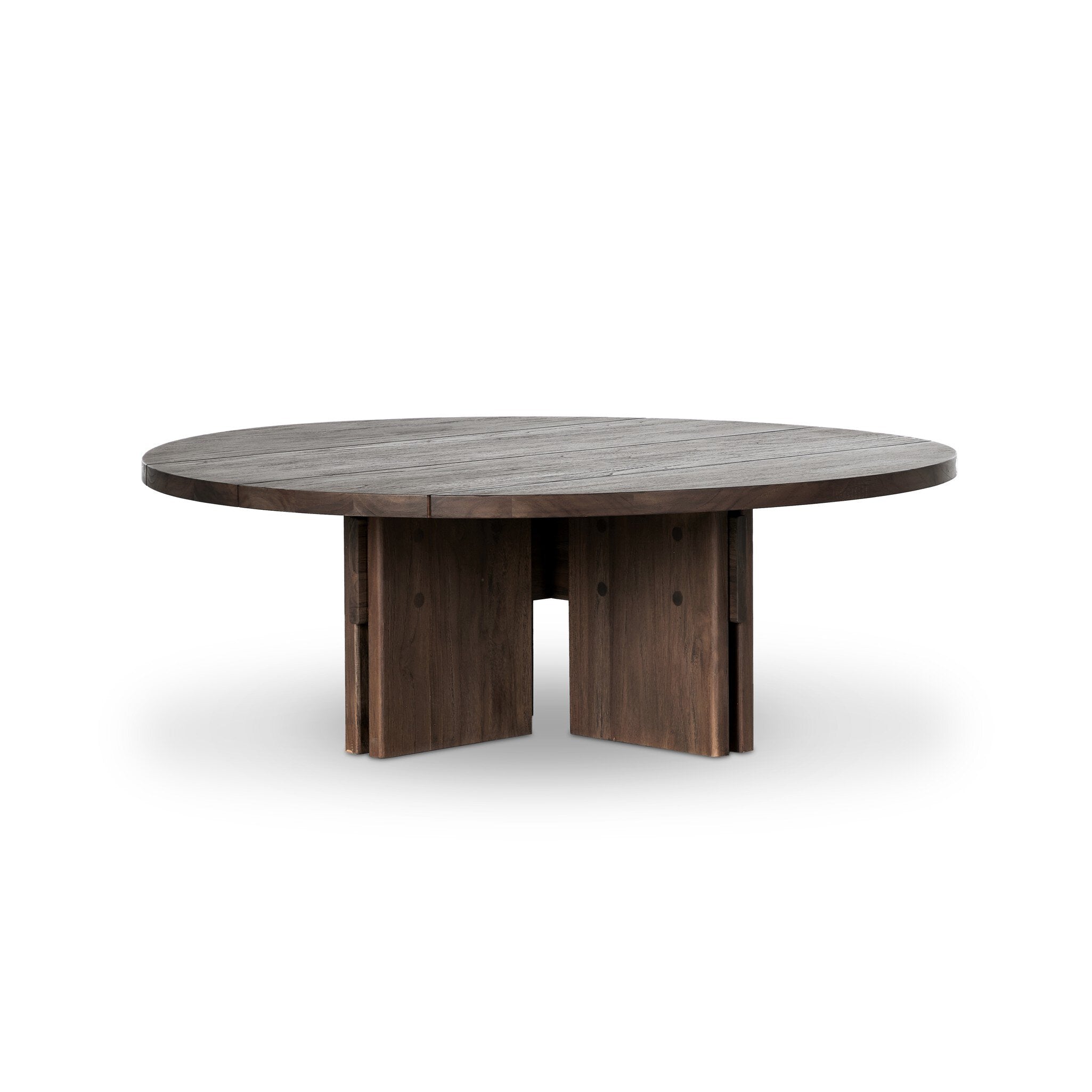 Solid teak round coffee table on a white background. | S.W. Home