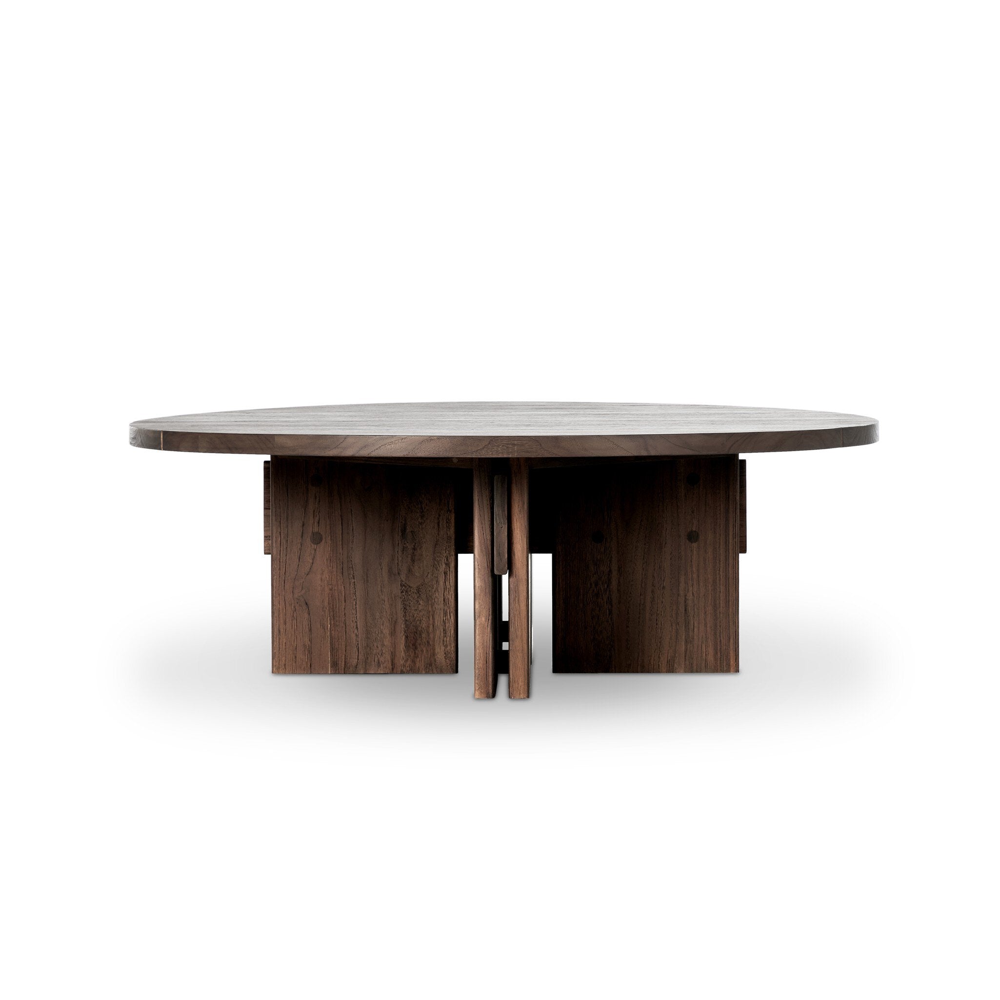 Solid teak round coffee table on a white background.