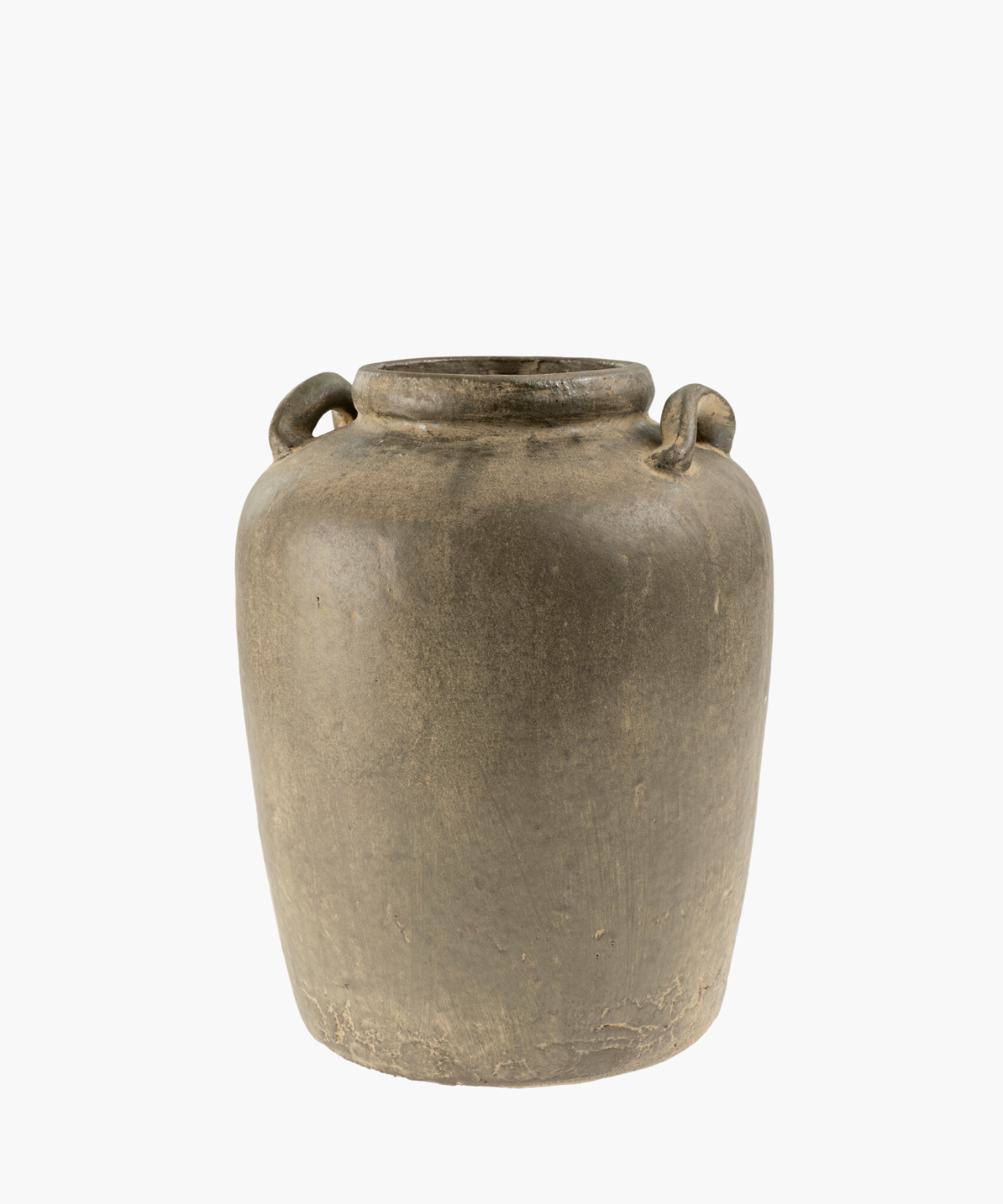 A rustic, earthy-toned ceramic jar with a wide body, two loop handles near the top, and a narrow neck. It conveys a sense of history and simplicity. | S.W. Home