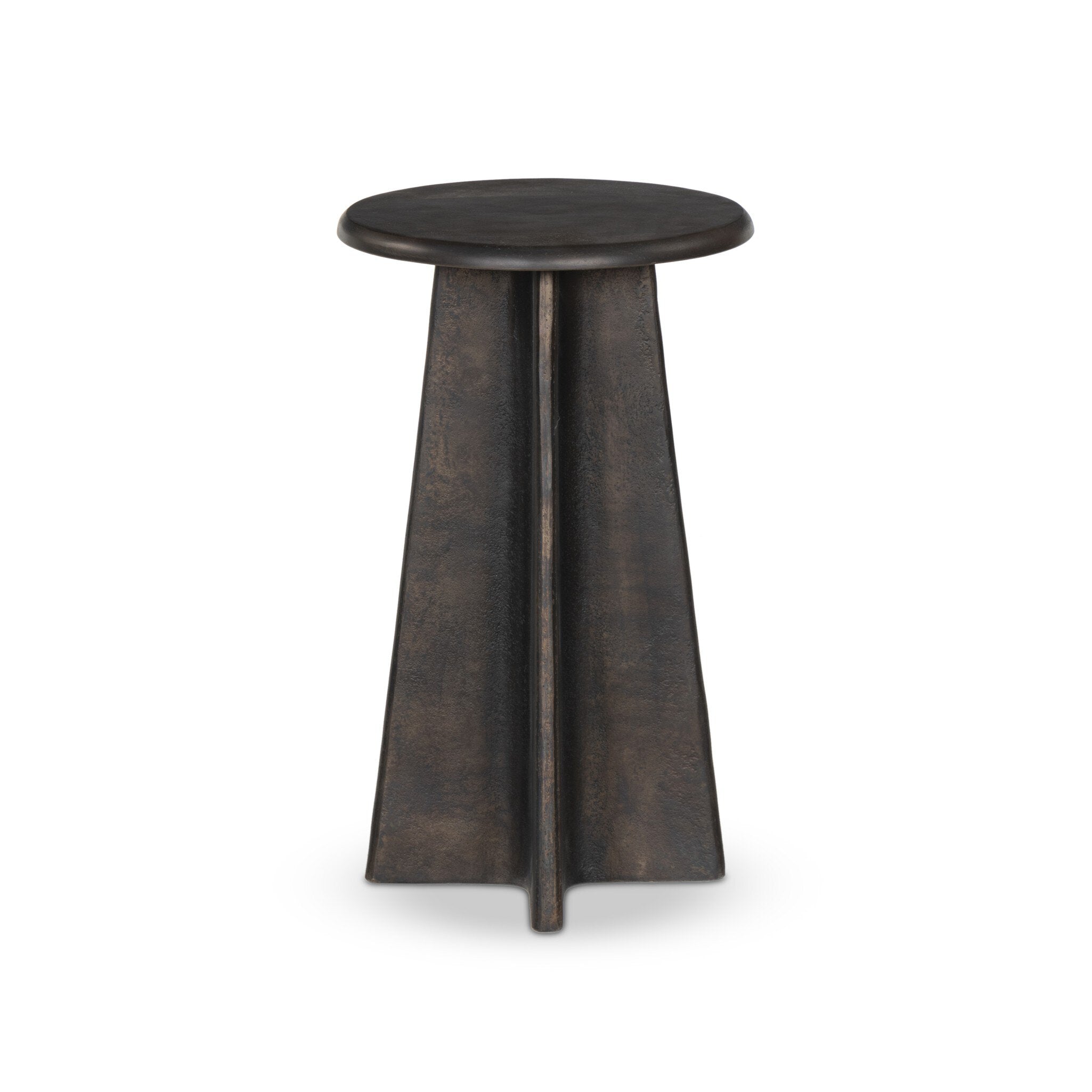 Distressed bronze side table with a round top and X-shaped base on a white background. | S.W. Home