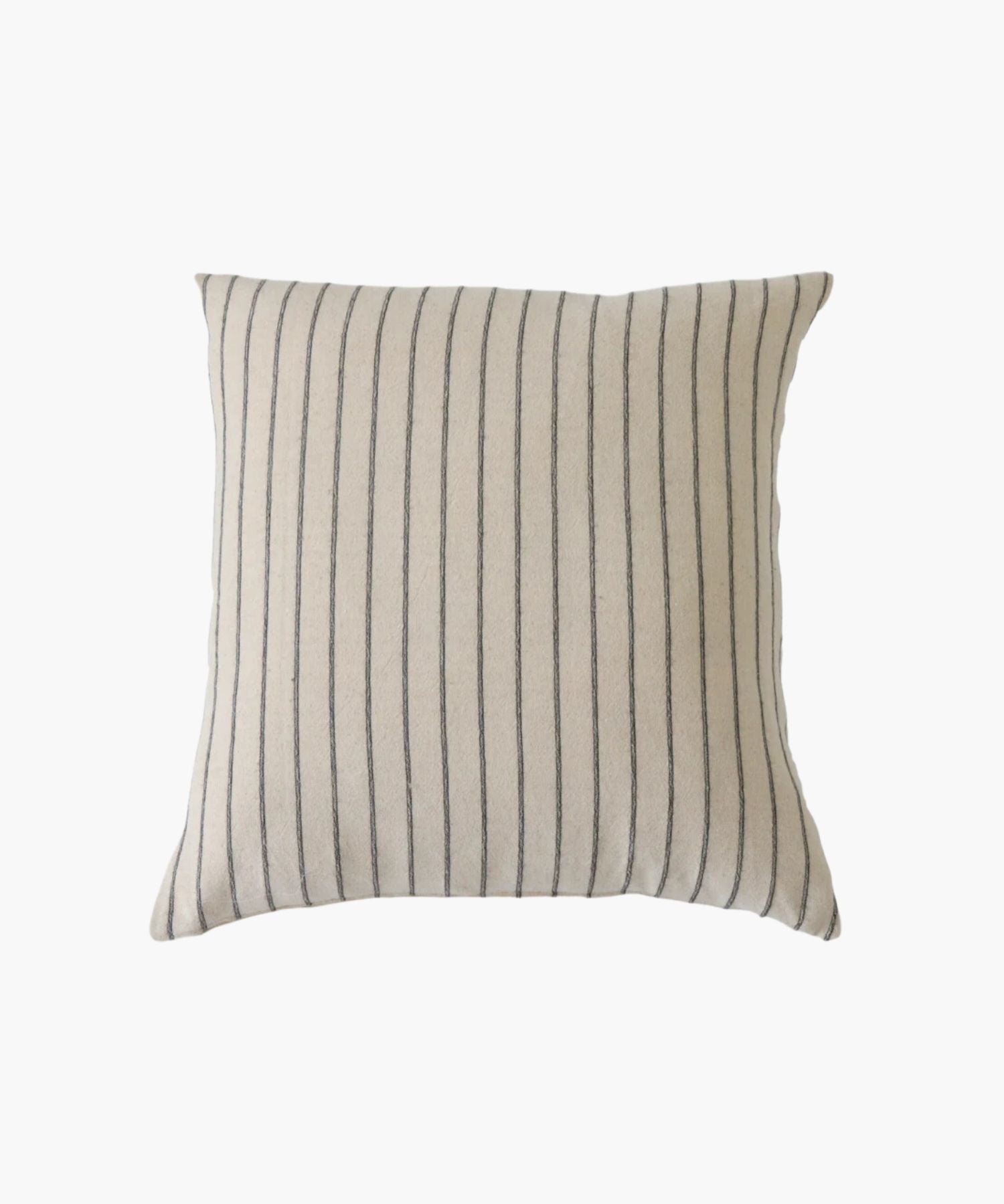 A square pillow cover with vertical black  woven stripes on a cream background. The pattern is simple and elegant, conveying a calm and cozy atmosphere. | Wildwood Home Co.
