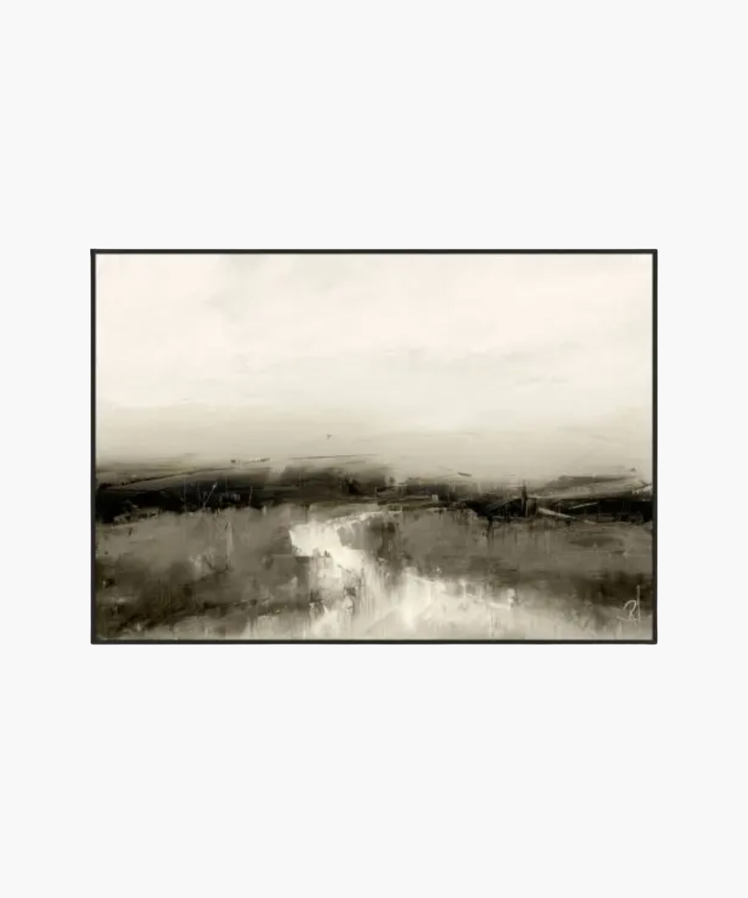 Abstract landscape painting in muted browns and creams, depicting a foggy horizon with blurred fields. The tone conveys tranquility and mystery.  | S.W. Home  