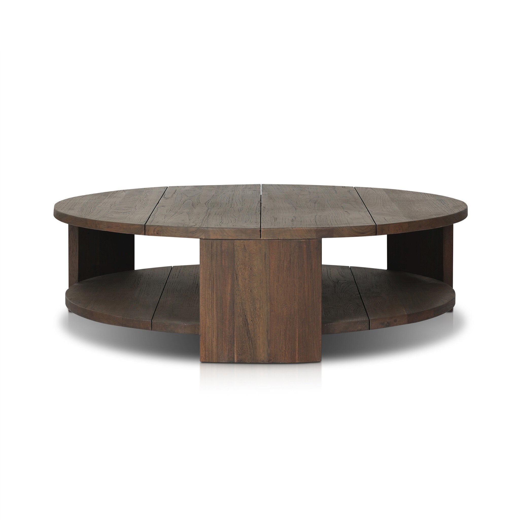 A two tiered round coffee table made from reclaimed wood with chunky legs and a brown finish. | S.W. Home
