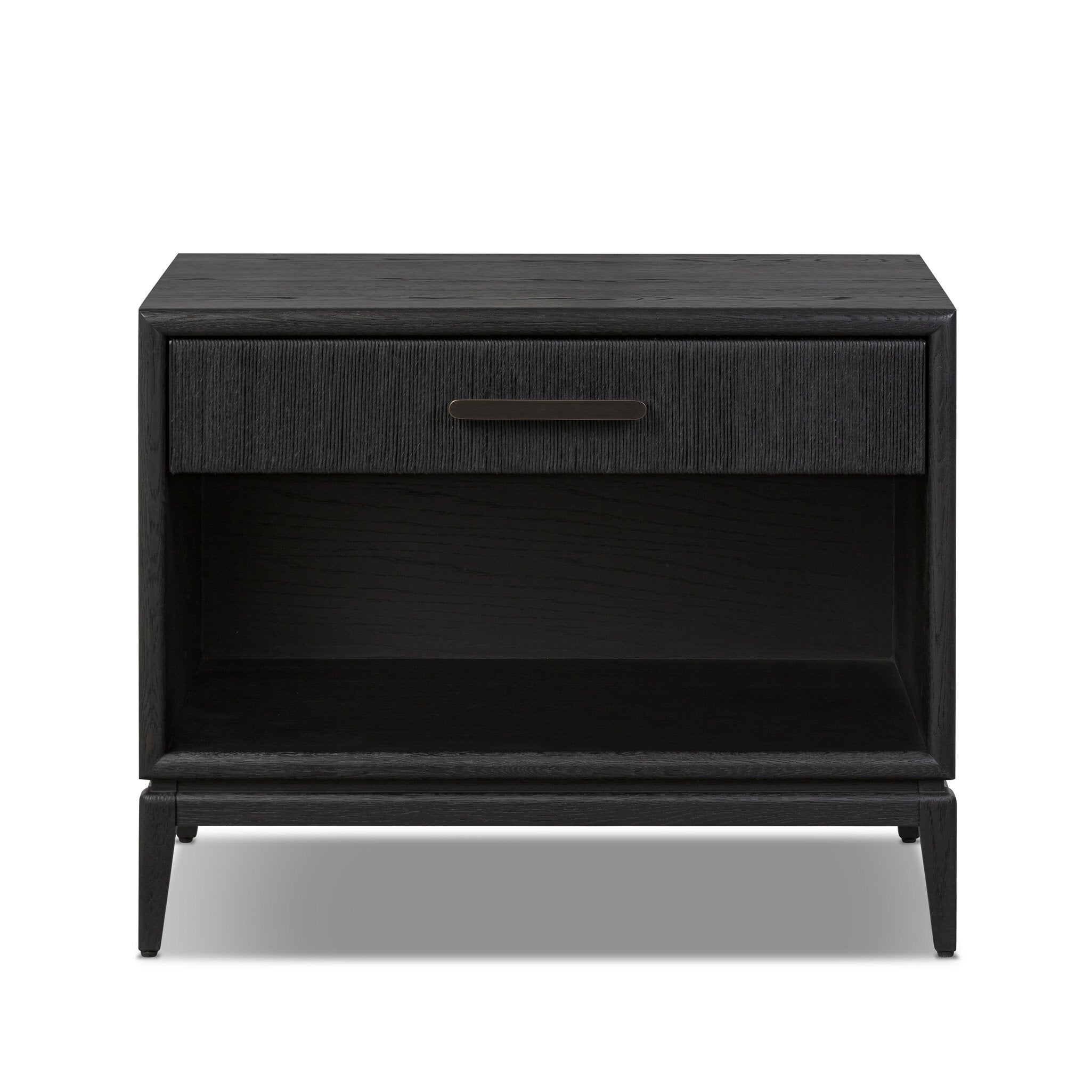 A black-finished oak nightstand with a smooth top and single drawer front of woven paper on a white background.  | S.W. Home