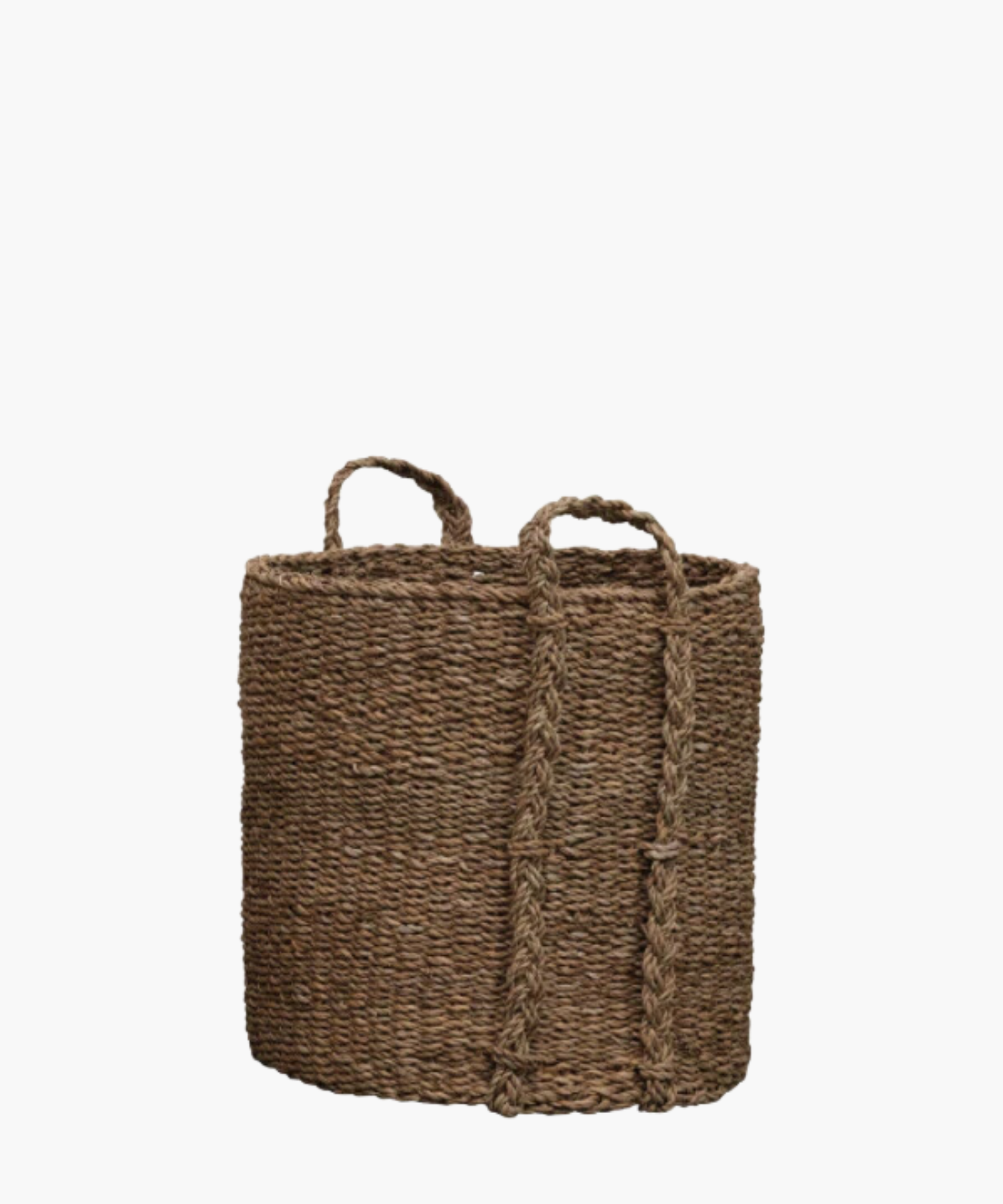 Textured brown woven basket with two braided handles, made from natural material. The basket has a rustic and earthy appearance. | S.W. Home