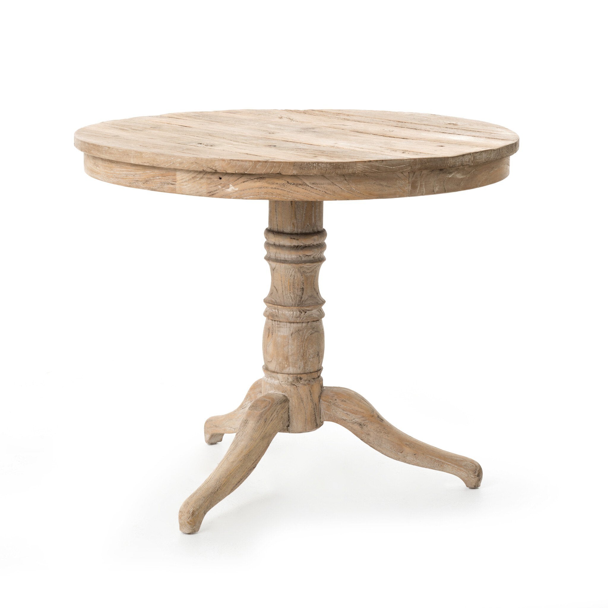 Round whitewashed wooden table with a turned pedestal and curved tripod feet on a white background. | S.W. Home