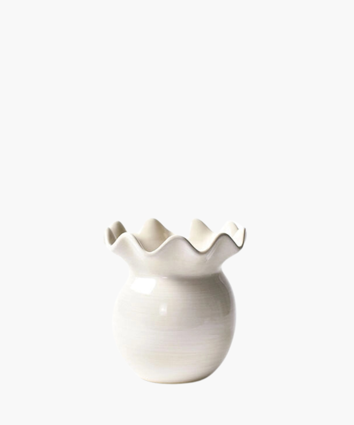 White ceramic vase with a glossy finish and wavy, ruffled rim. The vase has a round, bulbous body, conveying elegance and simplicity against a plain background. | SW Home