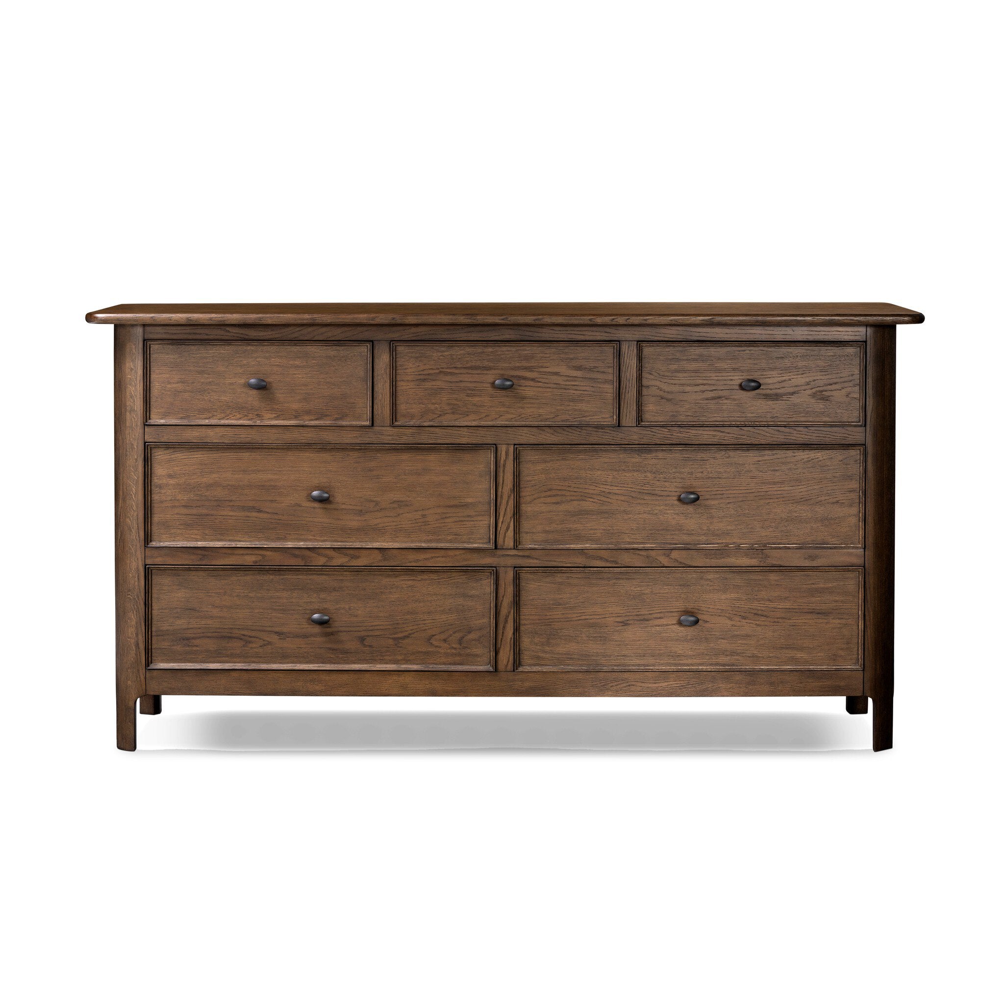 Wooden dresser with multiple drawers on a white background. | S.W. Home