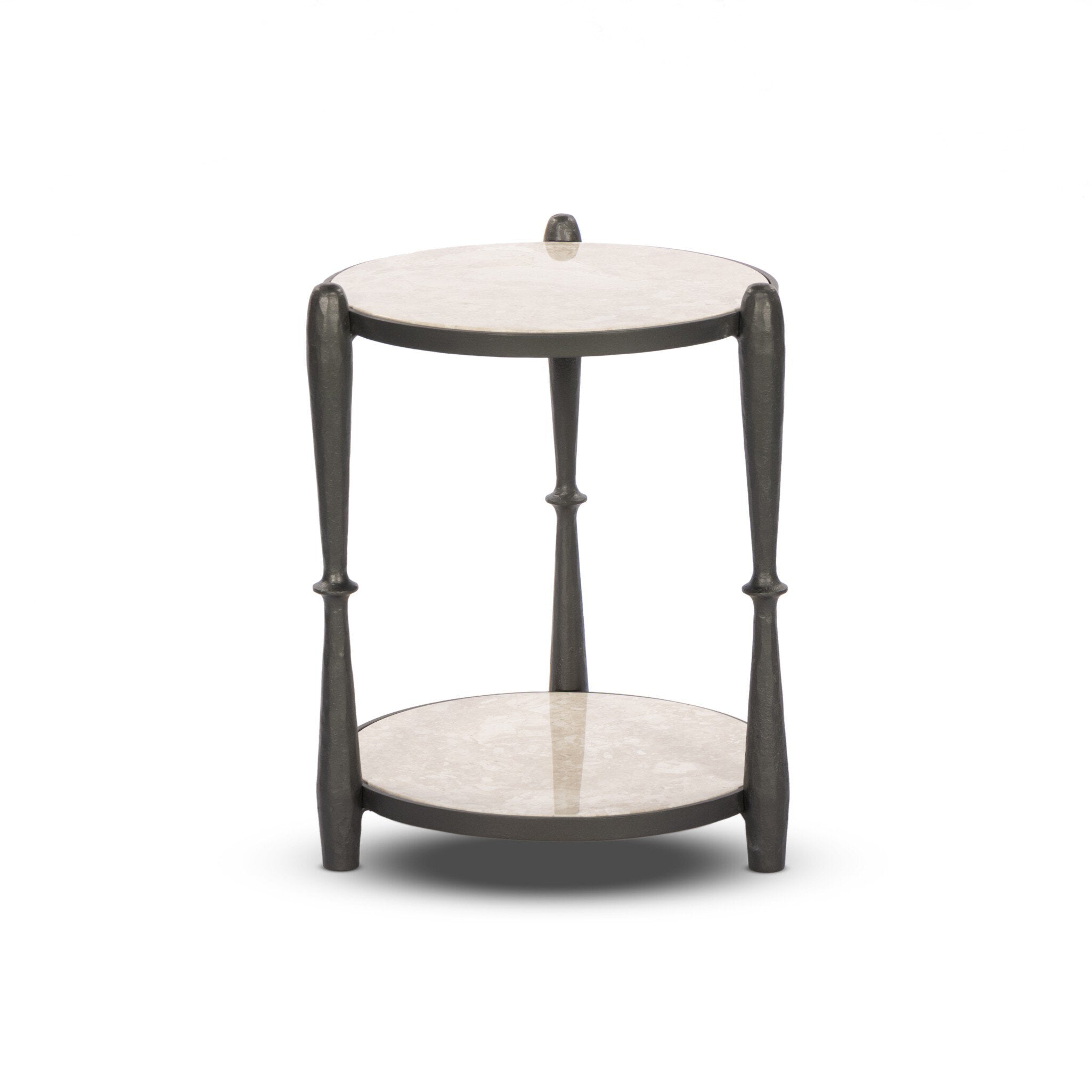 Small round tiered end table with inset marble shelves and turn-style legs on a white background. | S.W. Home