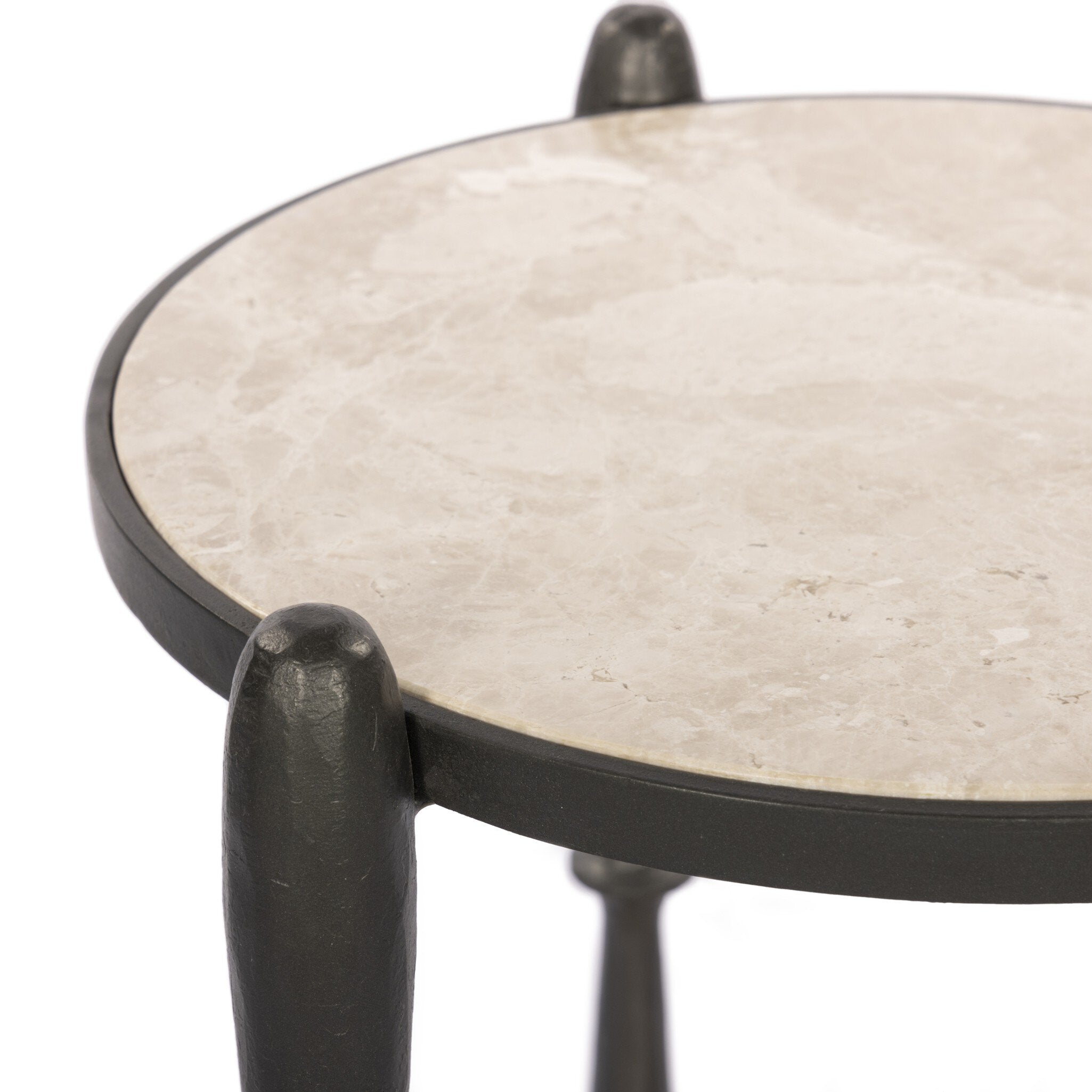 Small round tiered end table with inset marble shelves and turn-style legs on a white background.