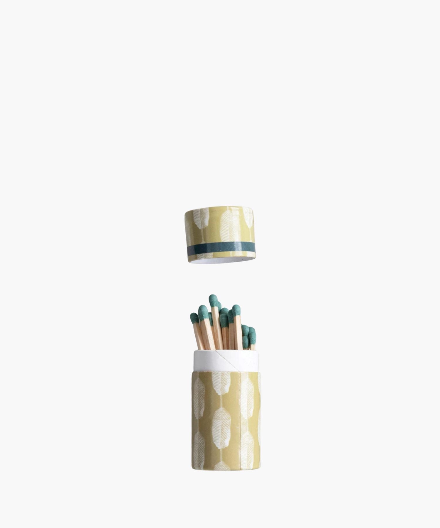 Set of wooden match-sticks with green dandelion design packaging on a white background.