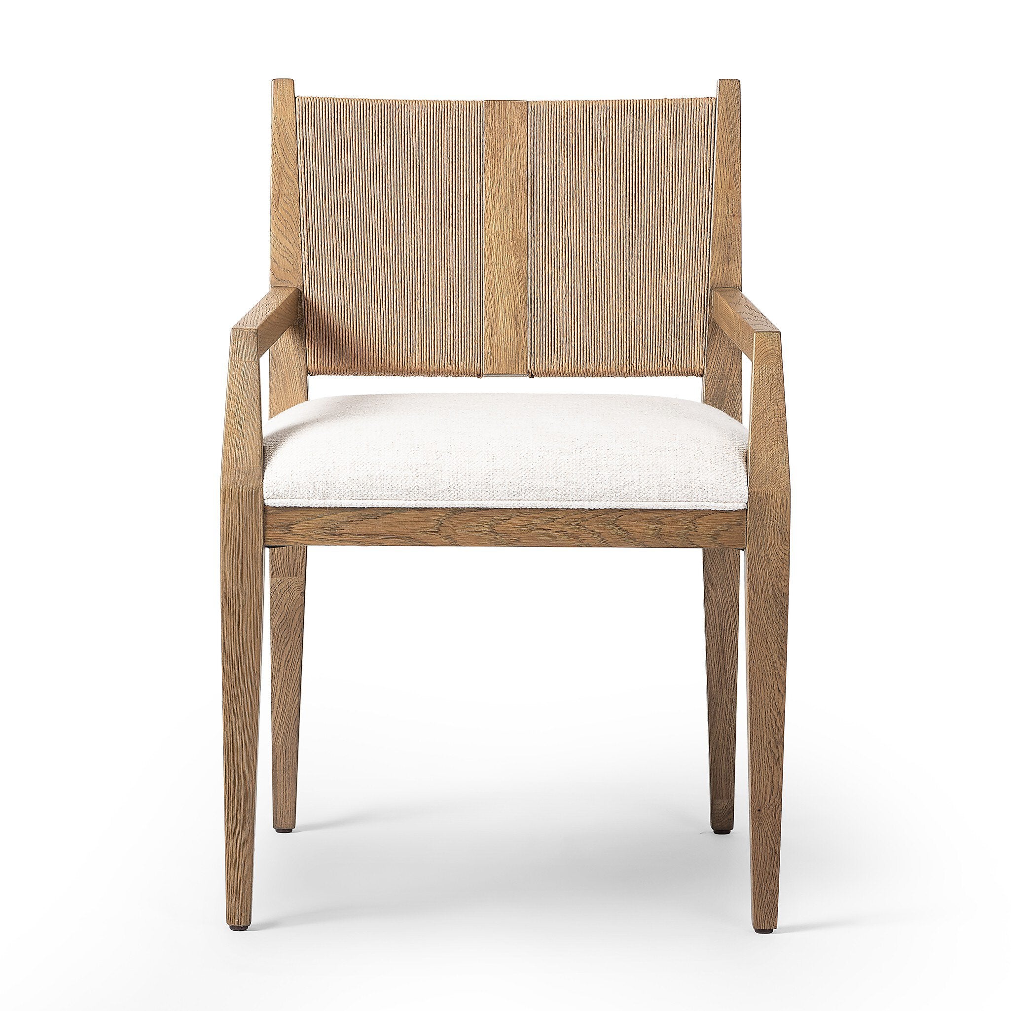 Wooden dining arm chair with woven backrest and white cushion on a white background. | S.W. Home